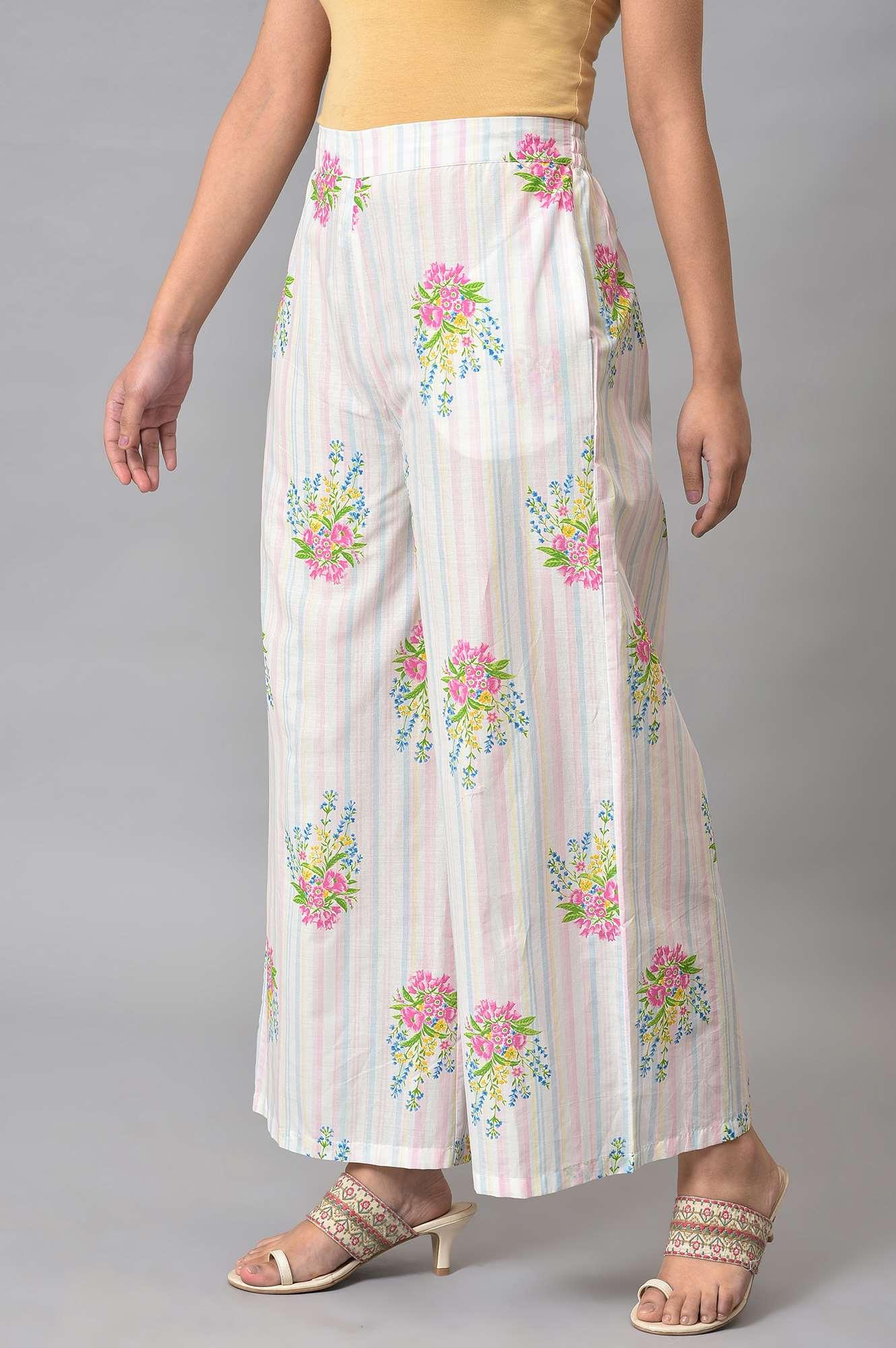 Ecru And Pink Floral Printed Parallel Pants - Image 3