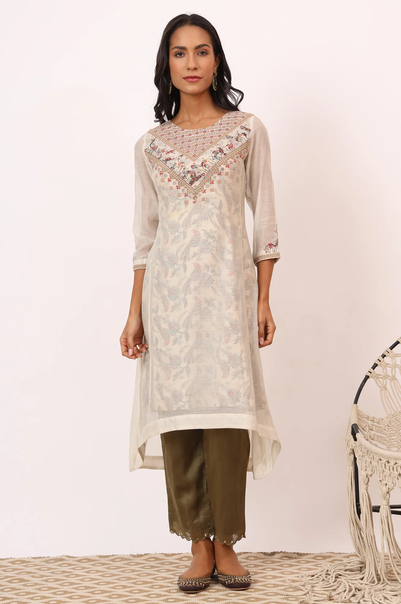 Ecru Appliqué Embroidered Layered Kurta in Cotton Silk - Image 3