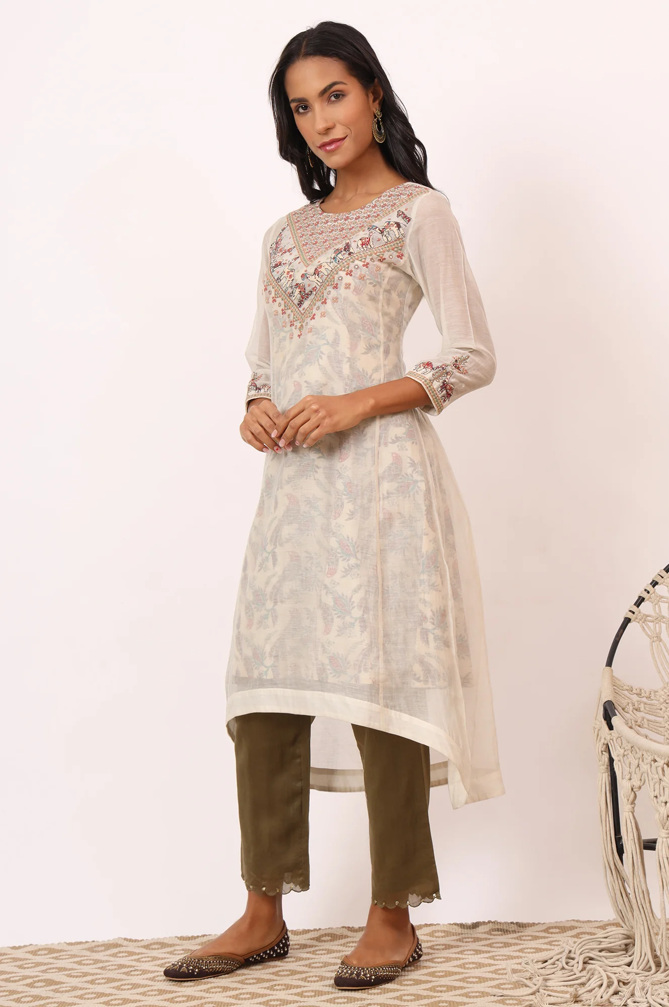 Ecru Appliqué Embroidered Layered Kurta in Cotton Silk - Image 5