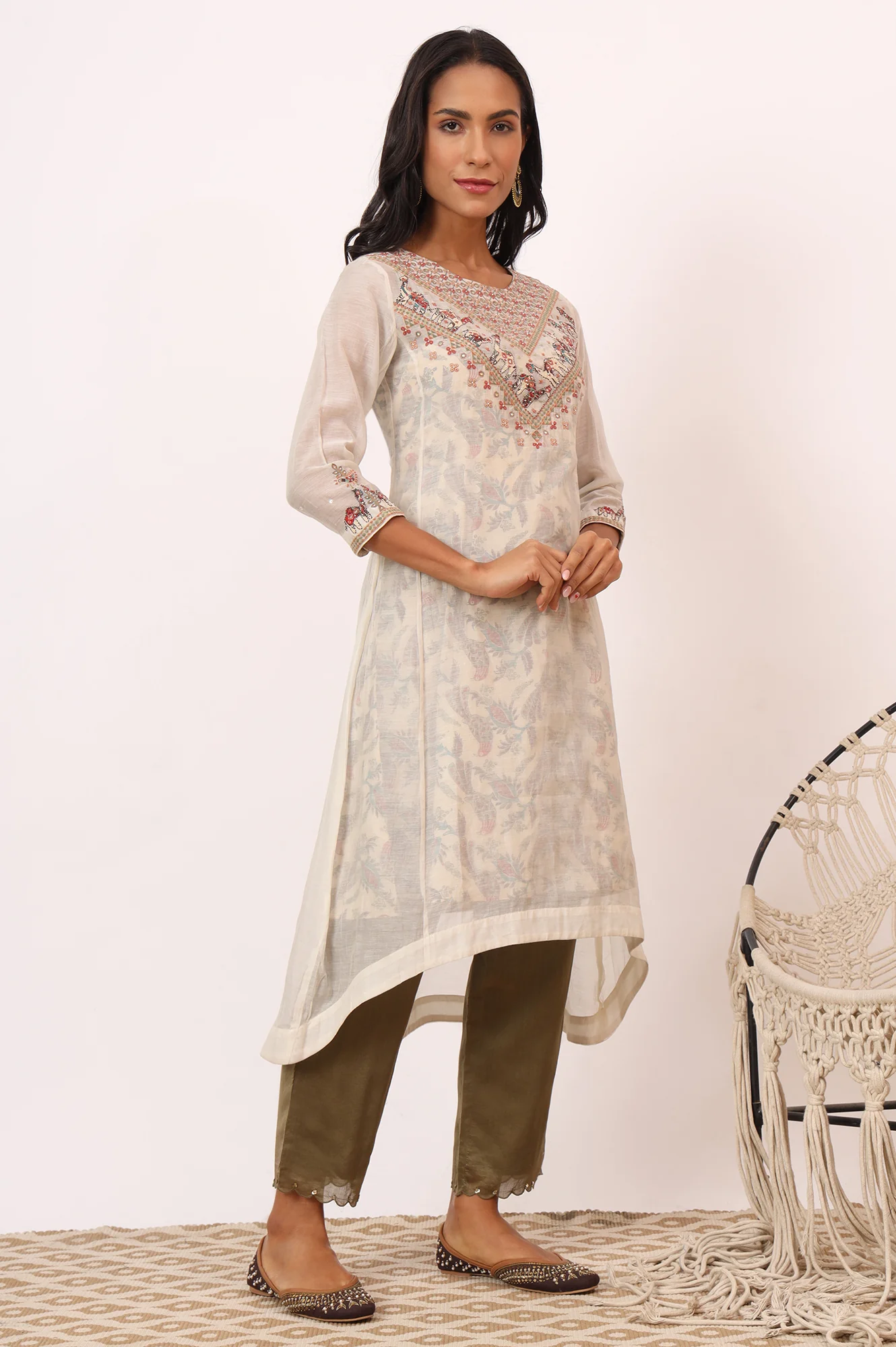 Ecru Appliqué Embroidered Layered Kurta in Cotton Silk - Image 7