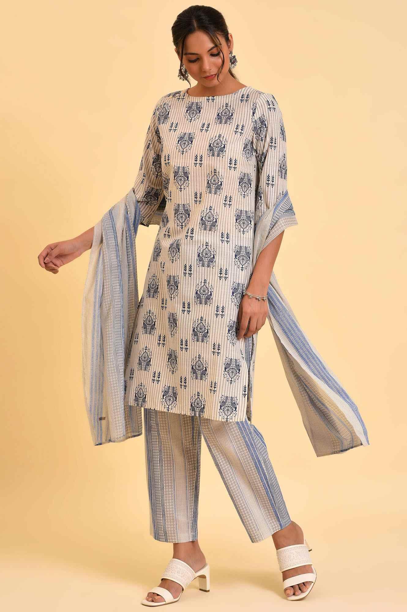 Ecru Bird Printed kurta, Straight Pants And Dupatta Set
