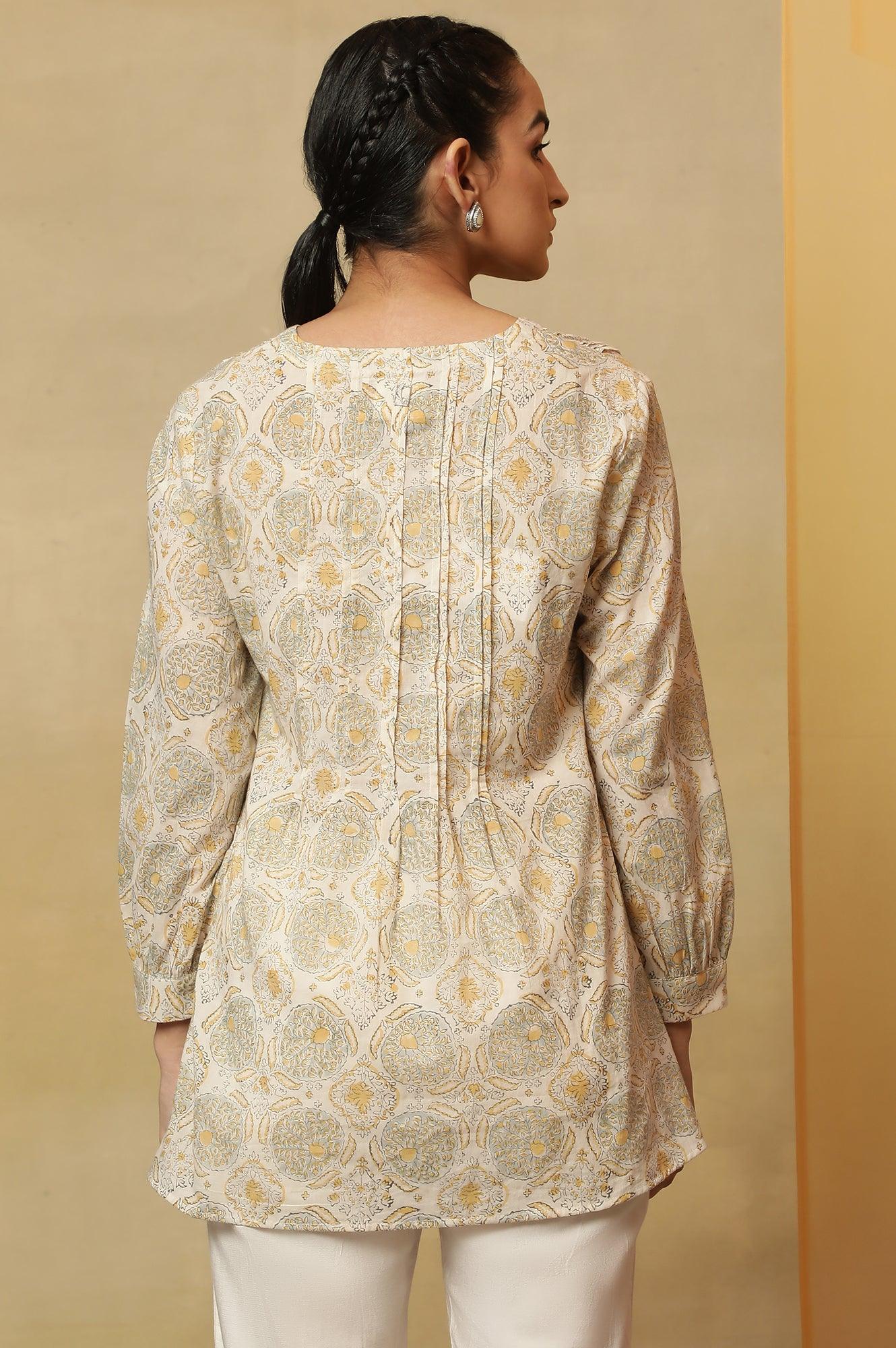 Ecru Block Print Pleated V-Neck Top - Image 3