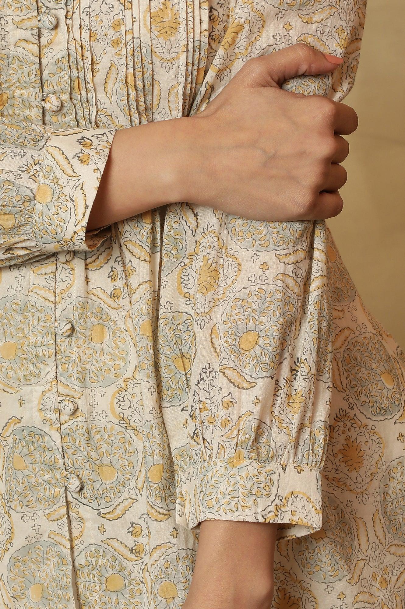 Ecru Block Print Pleated V-Neck Top - Image 8