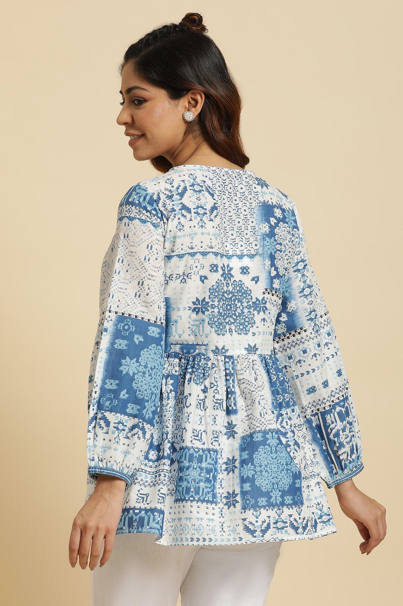 Ecru & Blue Gathered Top With Tie-Up Neck - Image 4