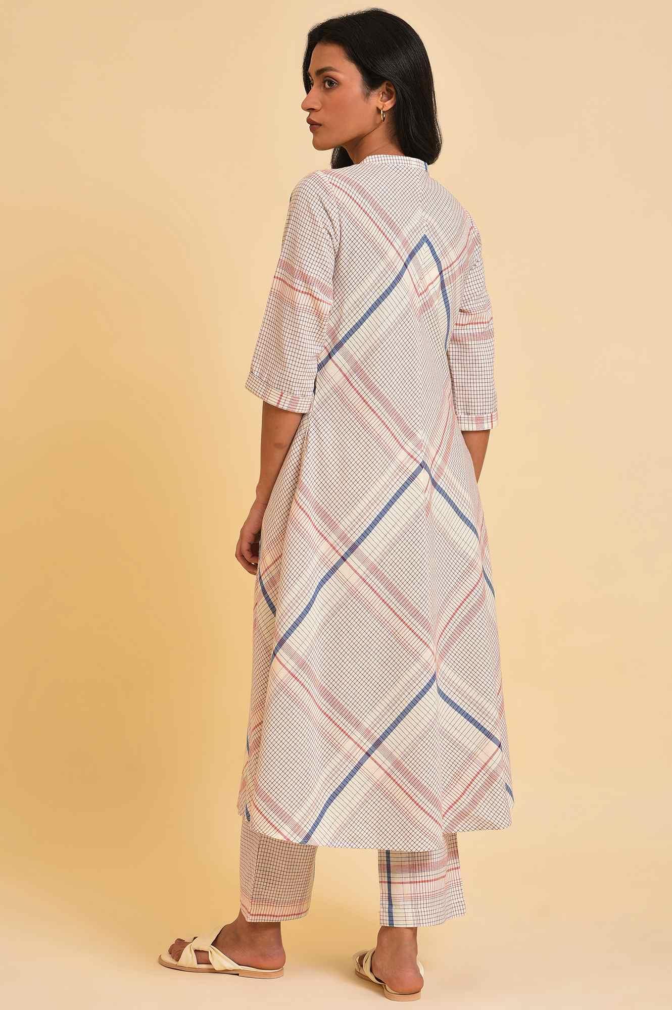 Ecru Bold Checks A-Line kurta & Pants Co-Ord Set - Image 2
