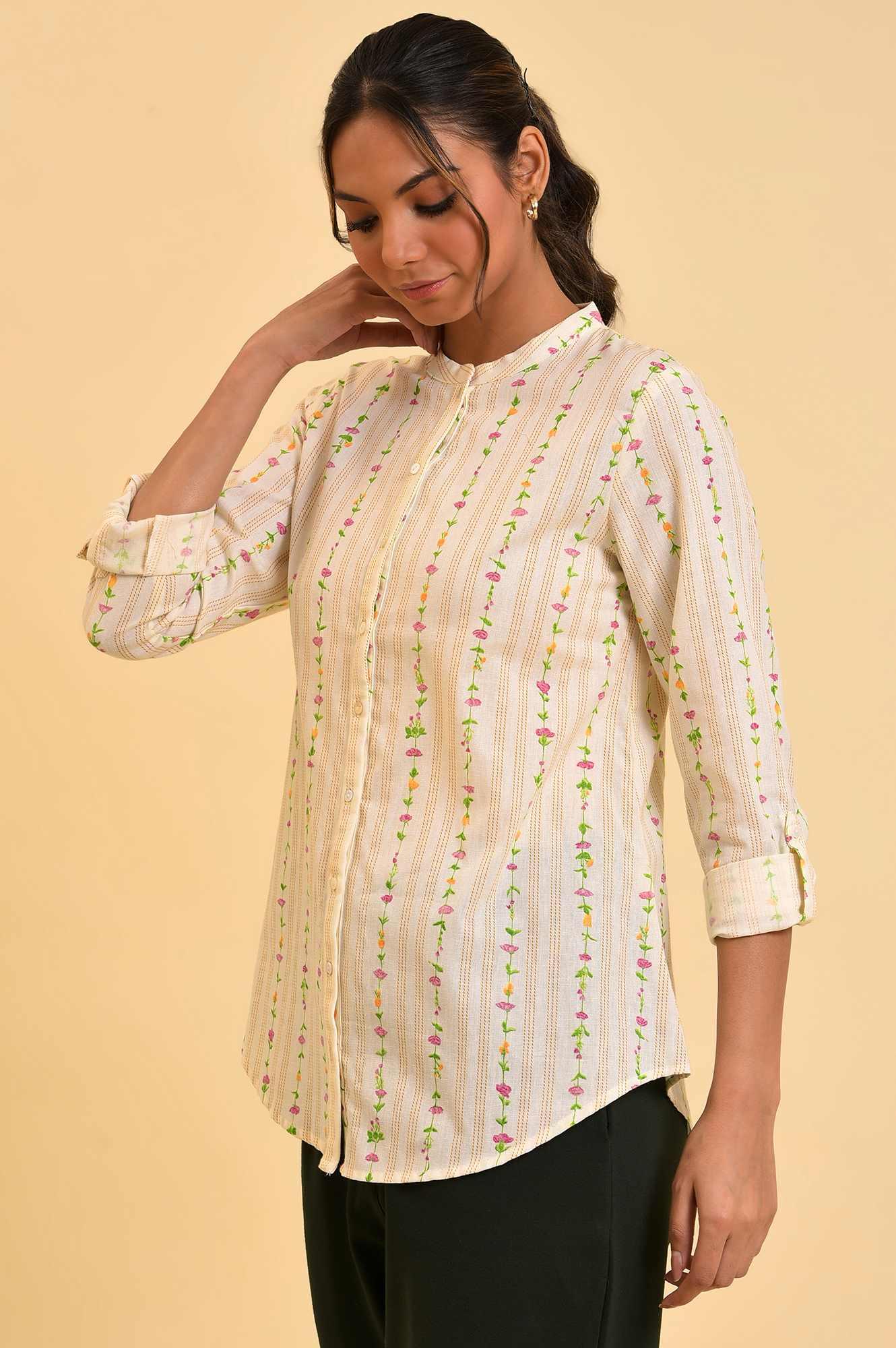 Ecru Button Down Floral Printed Top - Image 3