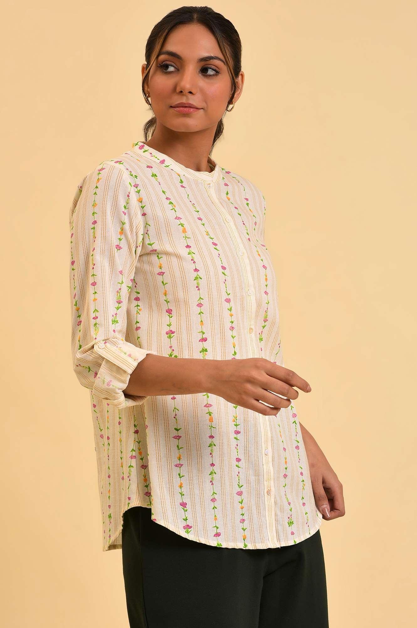 Ecru Button Down Floral Printed Top - Image 4