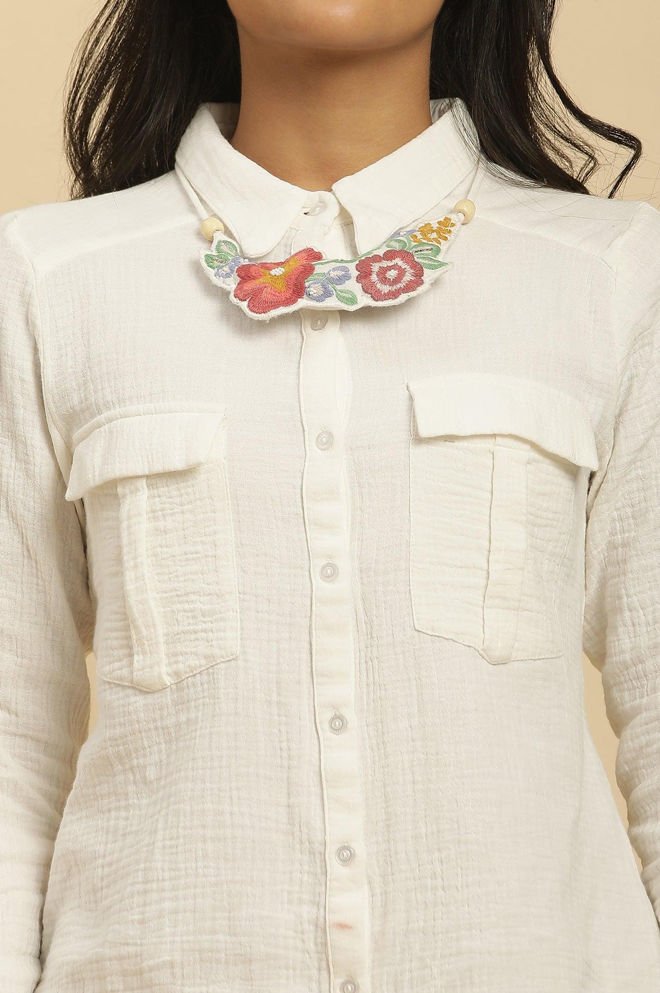 Ecru Button Down Shirt With Embroidered Neck Piece - Image 7