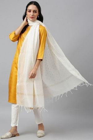 Ecru Chanderi Dupatta With Gold Jacquard Dot - Image 3