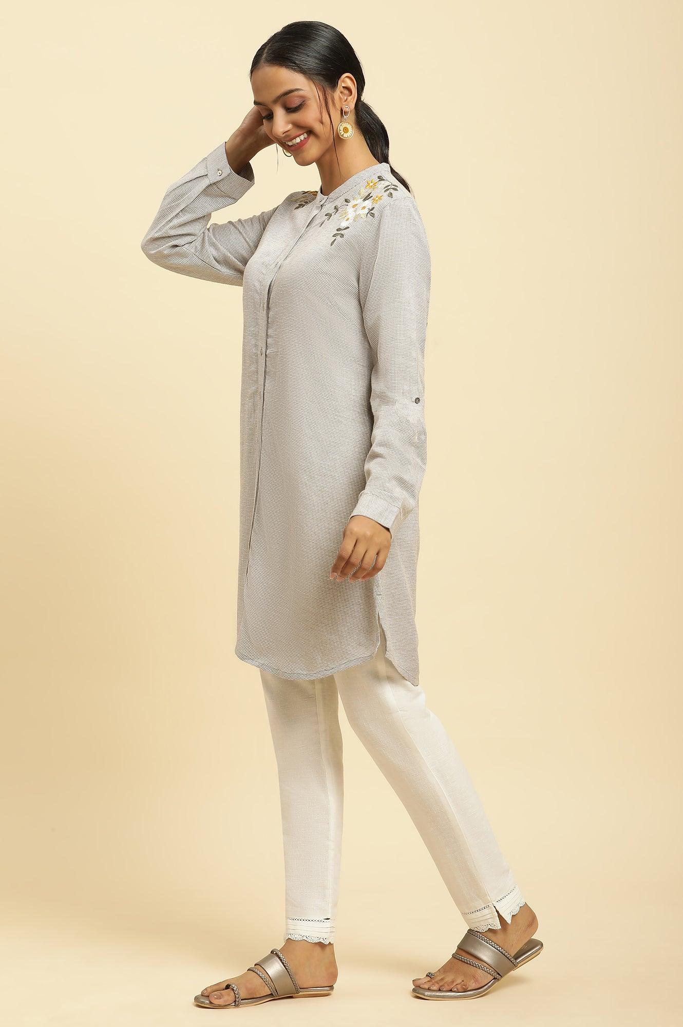 Ecru Check And Embroidered Tunic - Image 3