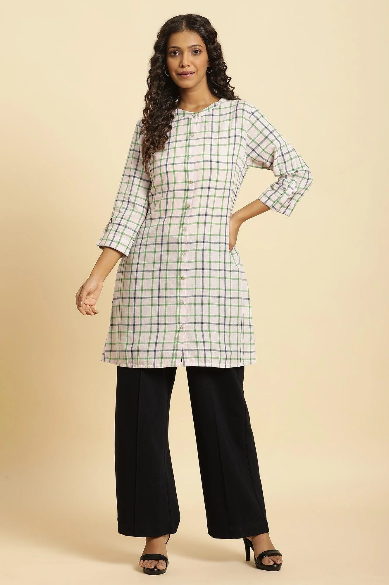 Ecru Check Printed Cotton Tunic - Image 2