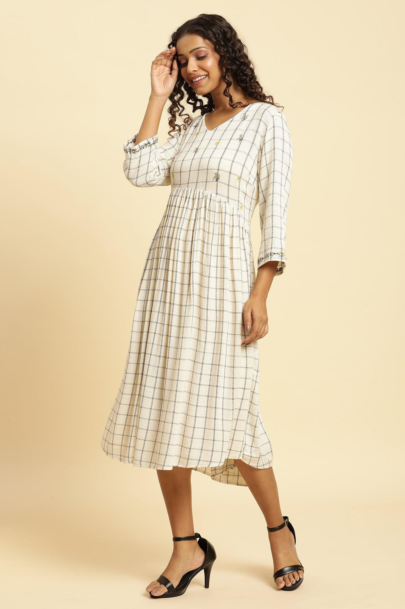 Ecru Checker Thread Embroidered Dress - Image 3