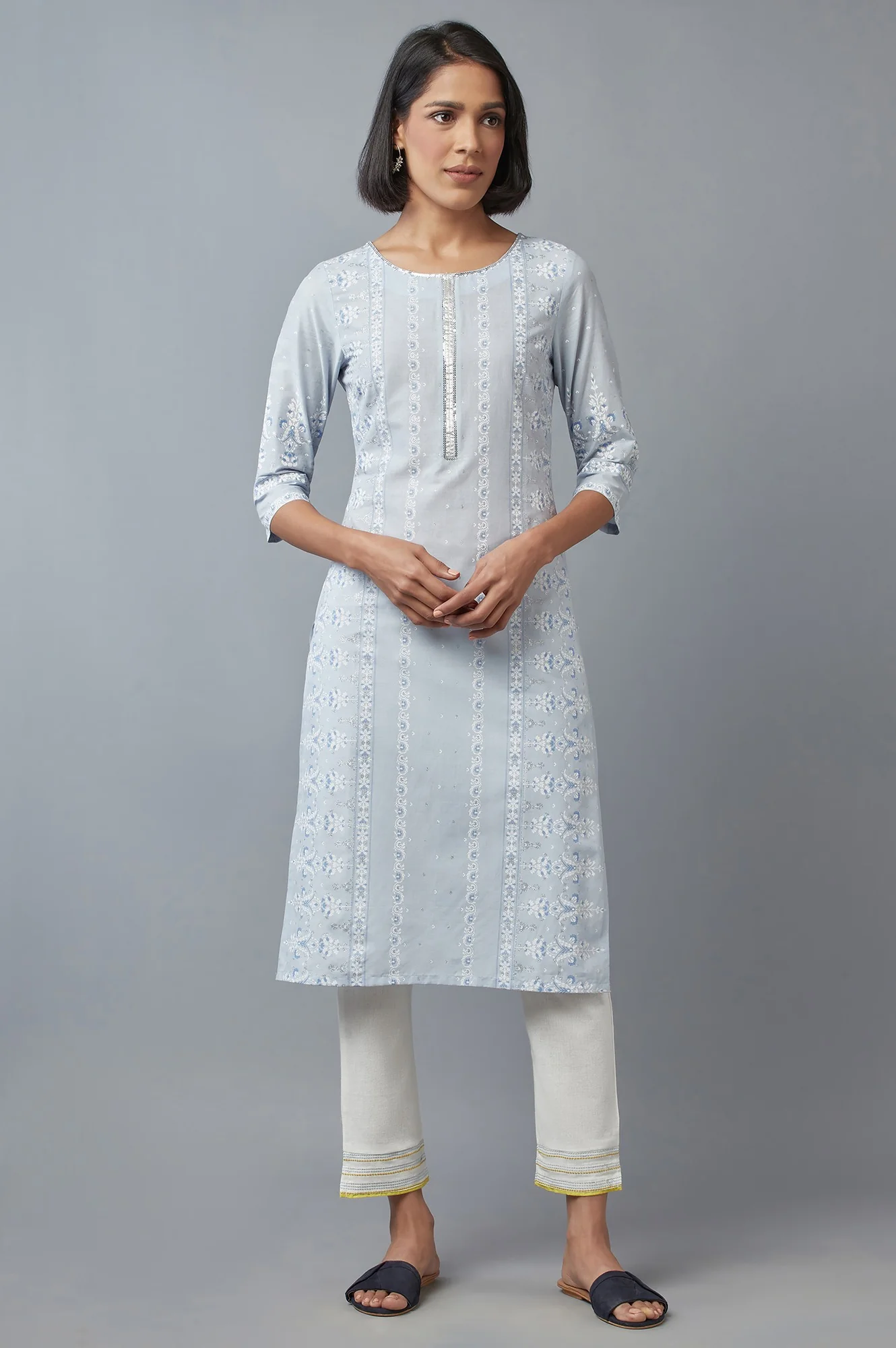 White Cotton Flax Solid Slim Pants - Image 5
