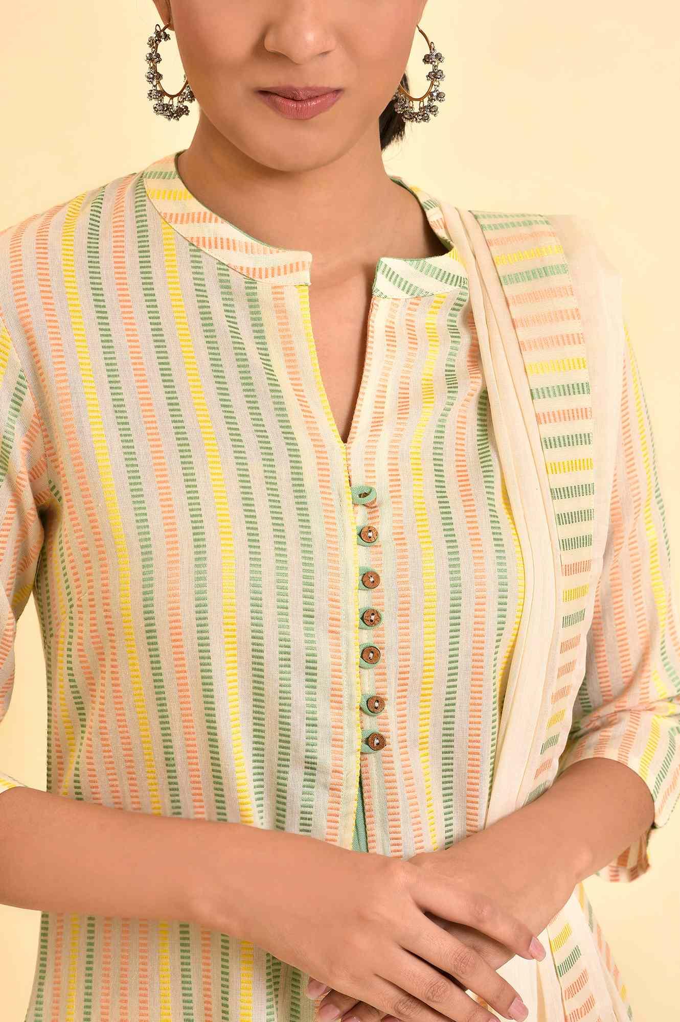 Ecru Dobby Printed Kurta, Pants And Dupatta Set - Image 6
