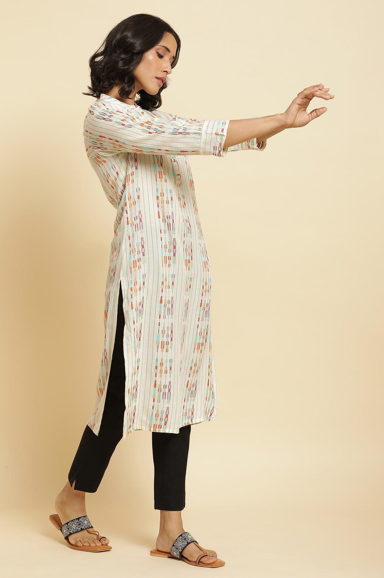 Ecru Dobby Printed Kurta & Pants Set - Image 5