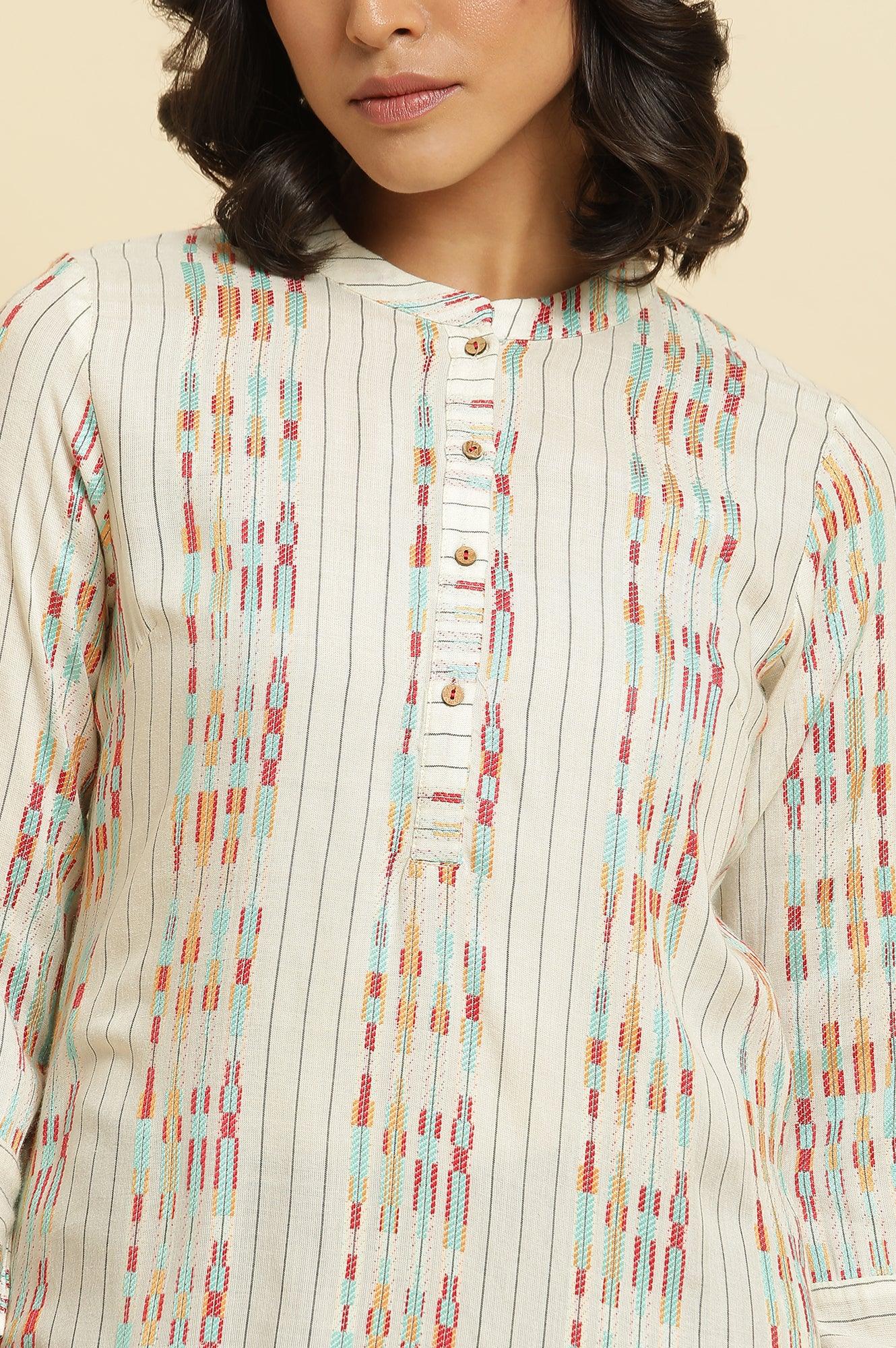 Ecru Dobby Printed Kurta & Pants Set - Image 6