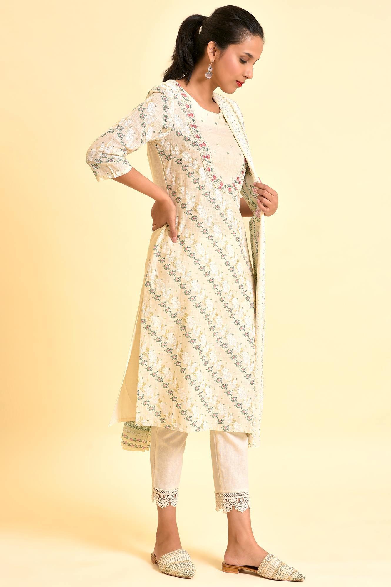 Ecru Embellished Festive Kurta, Pants And Dupatta Set - Image 5