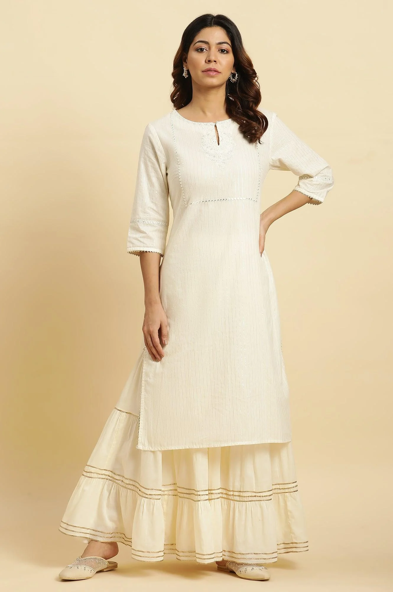 Ecru Embellished Straight Festive Kurta - Image 2