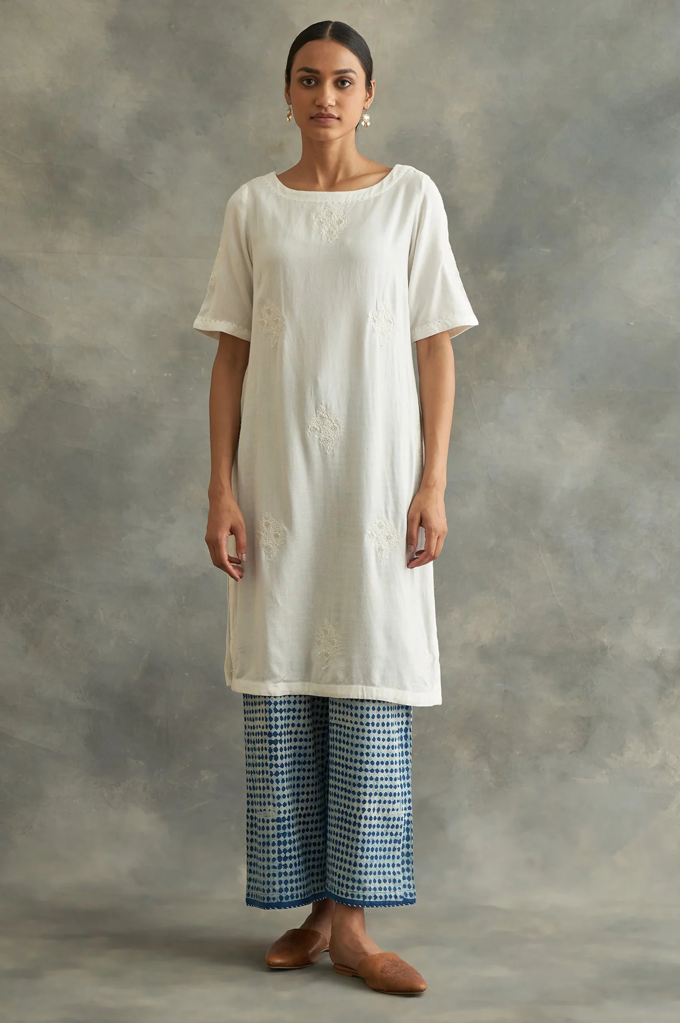 Ecru Embroidered Cotton kurta