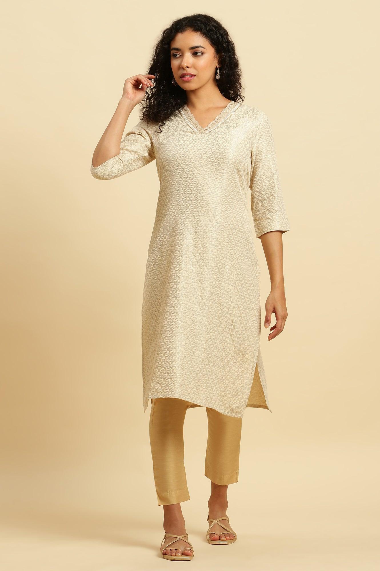 Ecru Embroidered Cotton Zari Festive Kurta - Image 2
