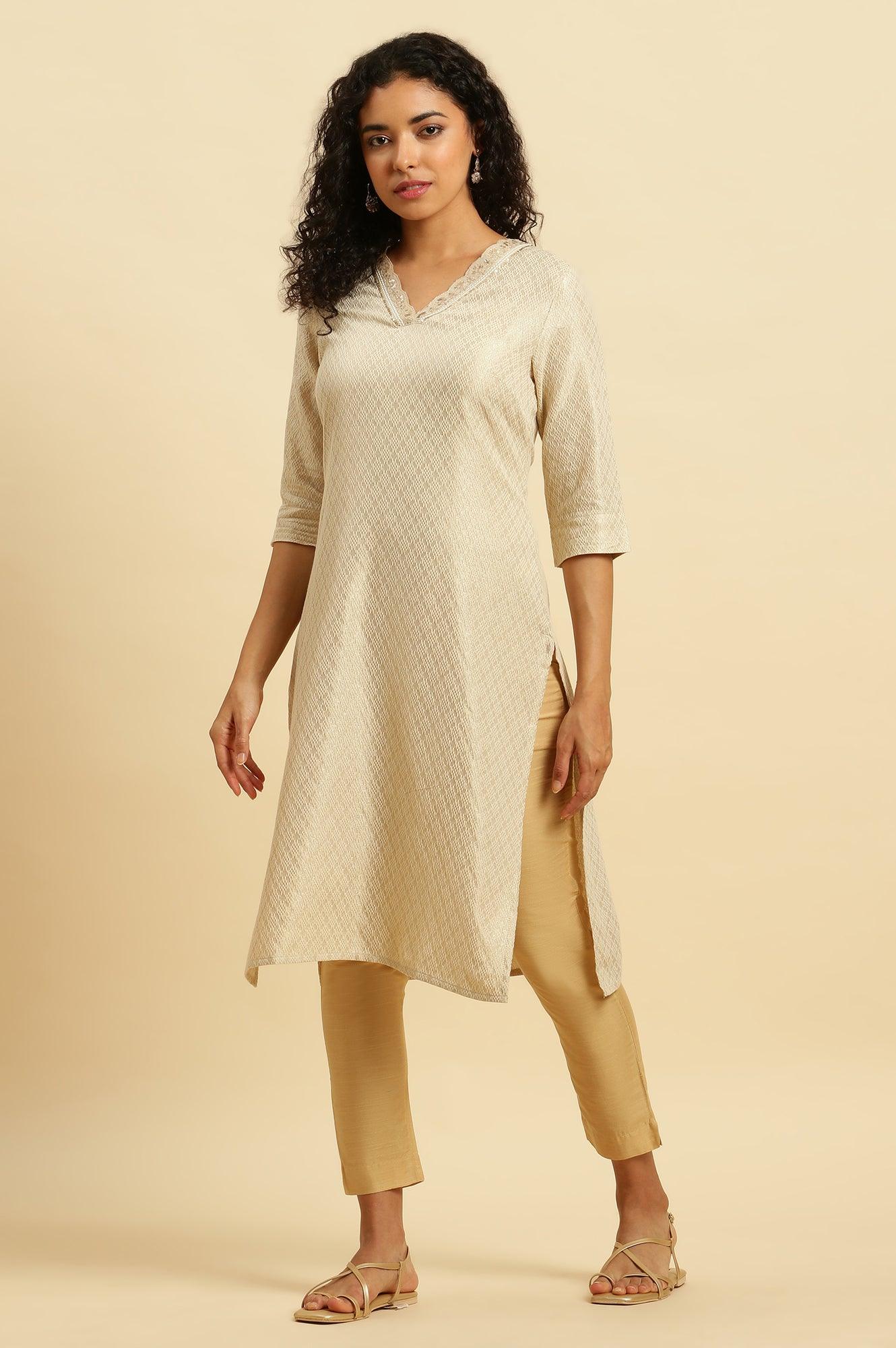 Ecru Embroidered Cotton Zari Festive Kurta - Image 3