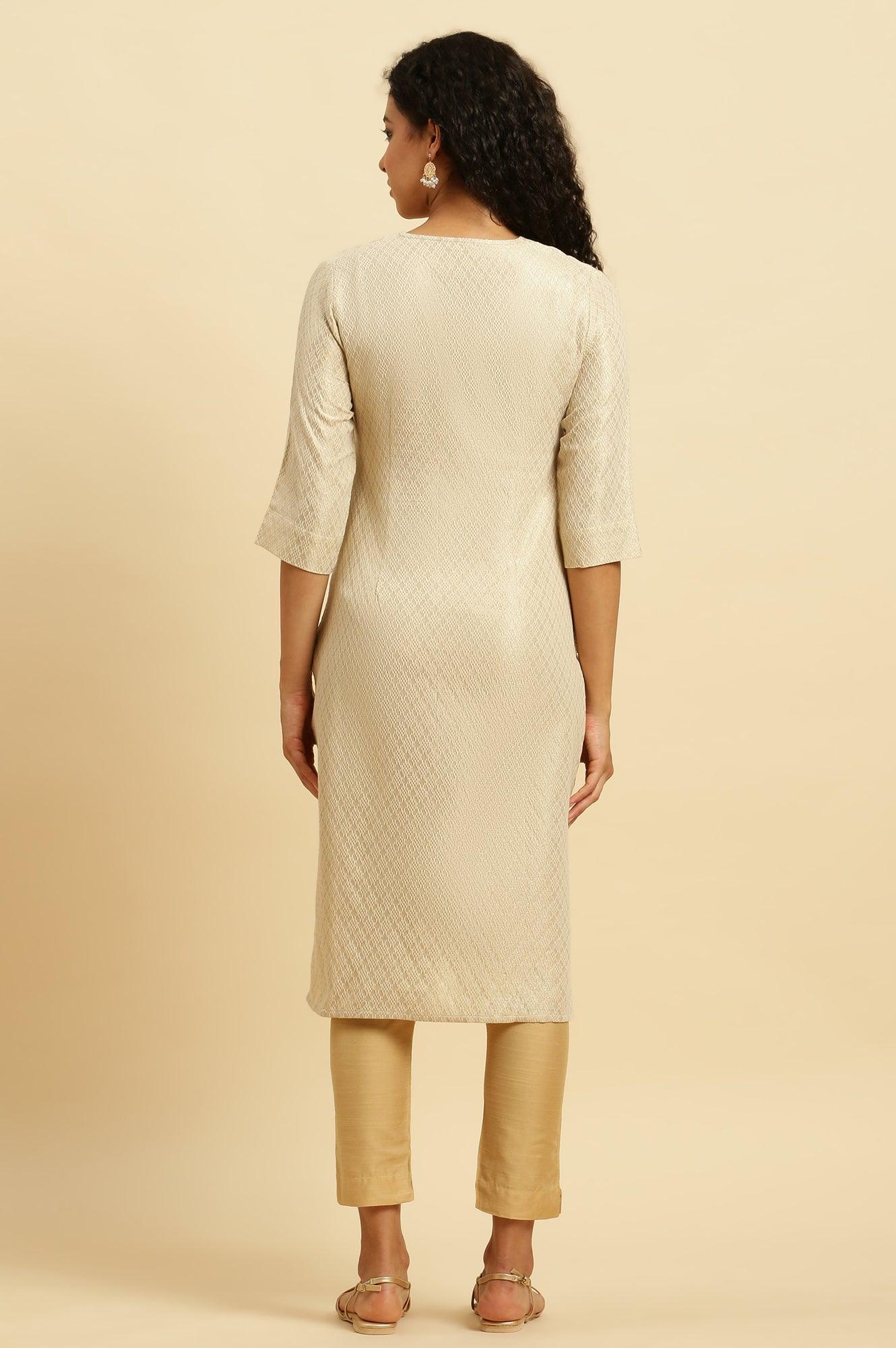 Ecru Embroidered Cotton Zari Festive Kurta - Image 4