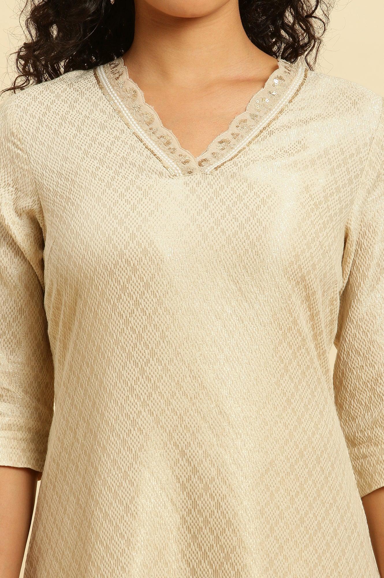 Ecru Embroidered Cotton Zari Festive Kurta - Image 6