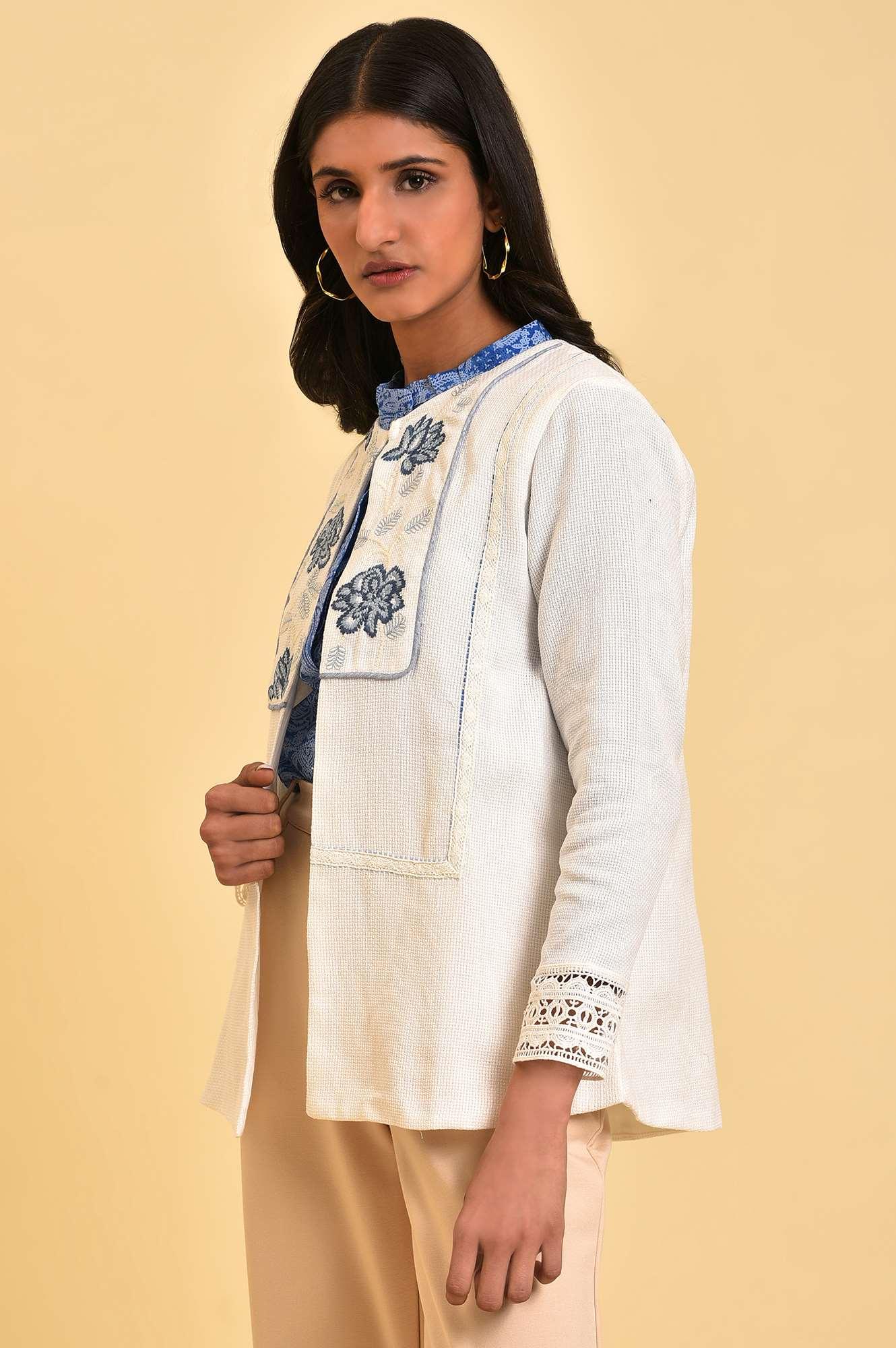 Ecru Embroidered Jacket with Lace - Image 3