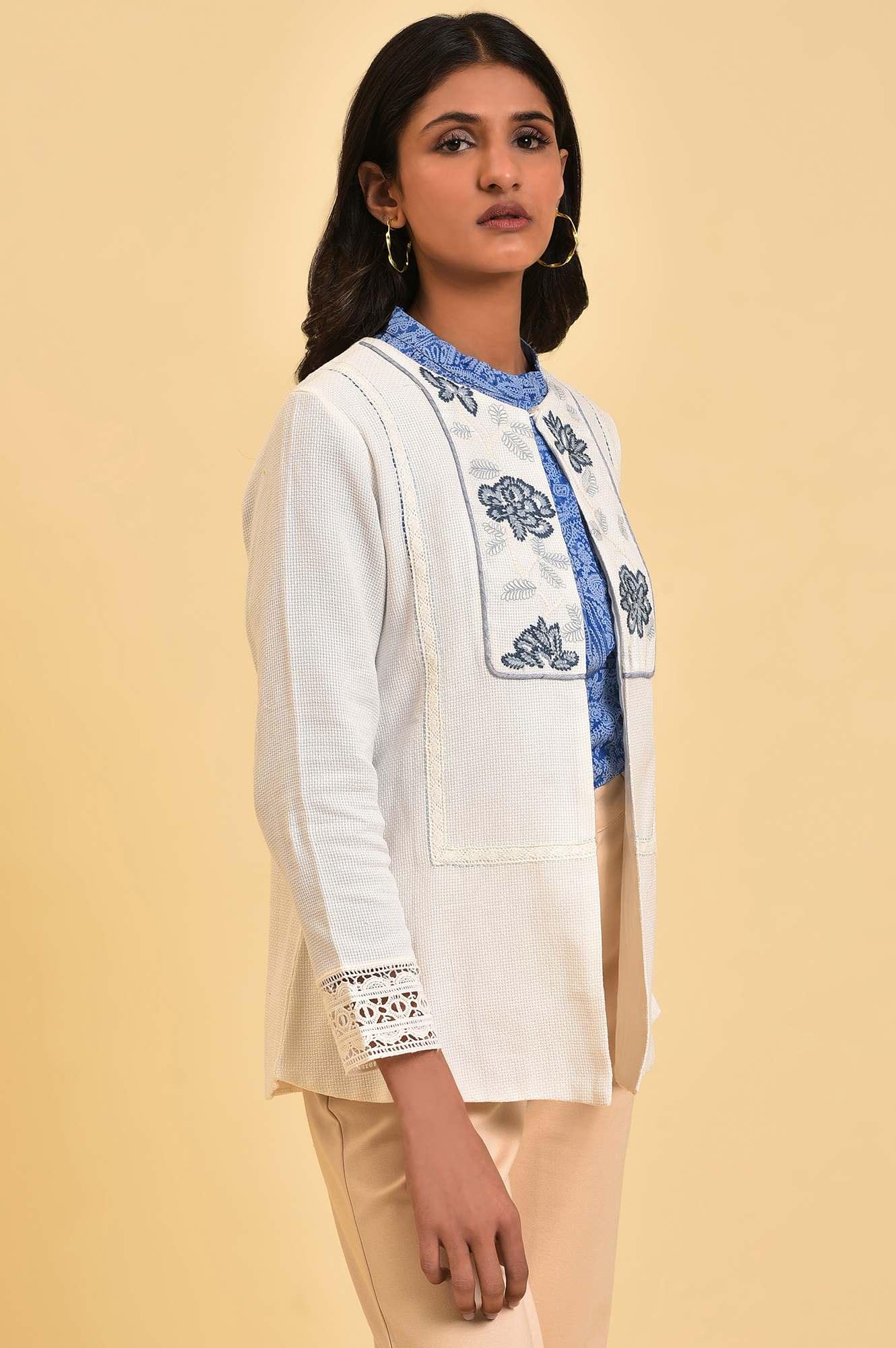Ecru Embroidered Jacket with Lace - Image 4