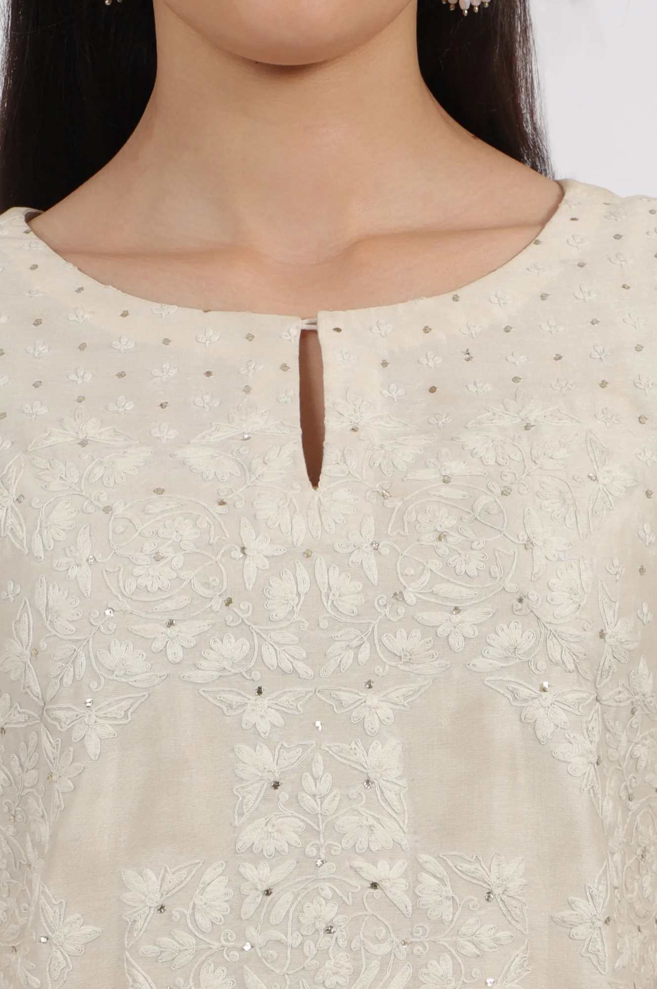 Ecru Embroidered Kurta in Cotton Silk - Image 4