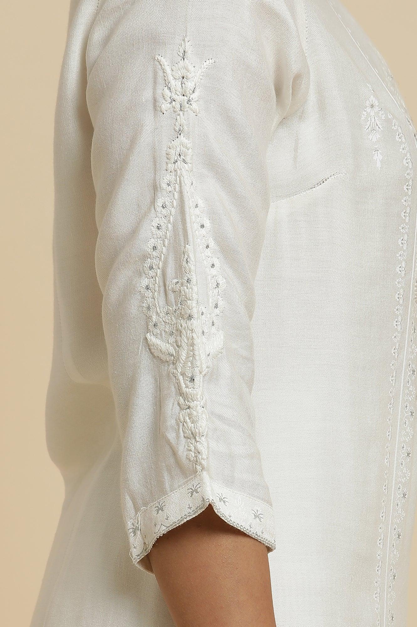 Ecru Embroidered Kurta & Parallel Pants Set - Image 7