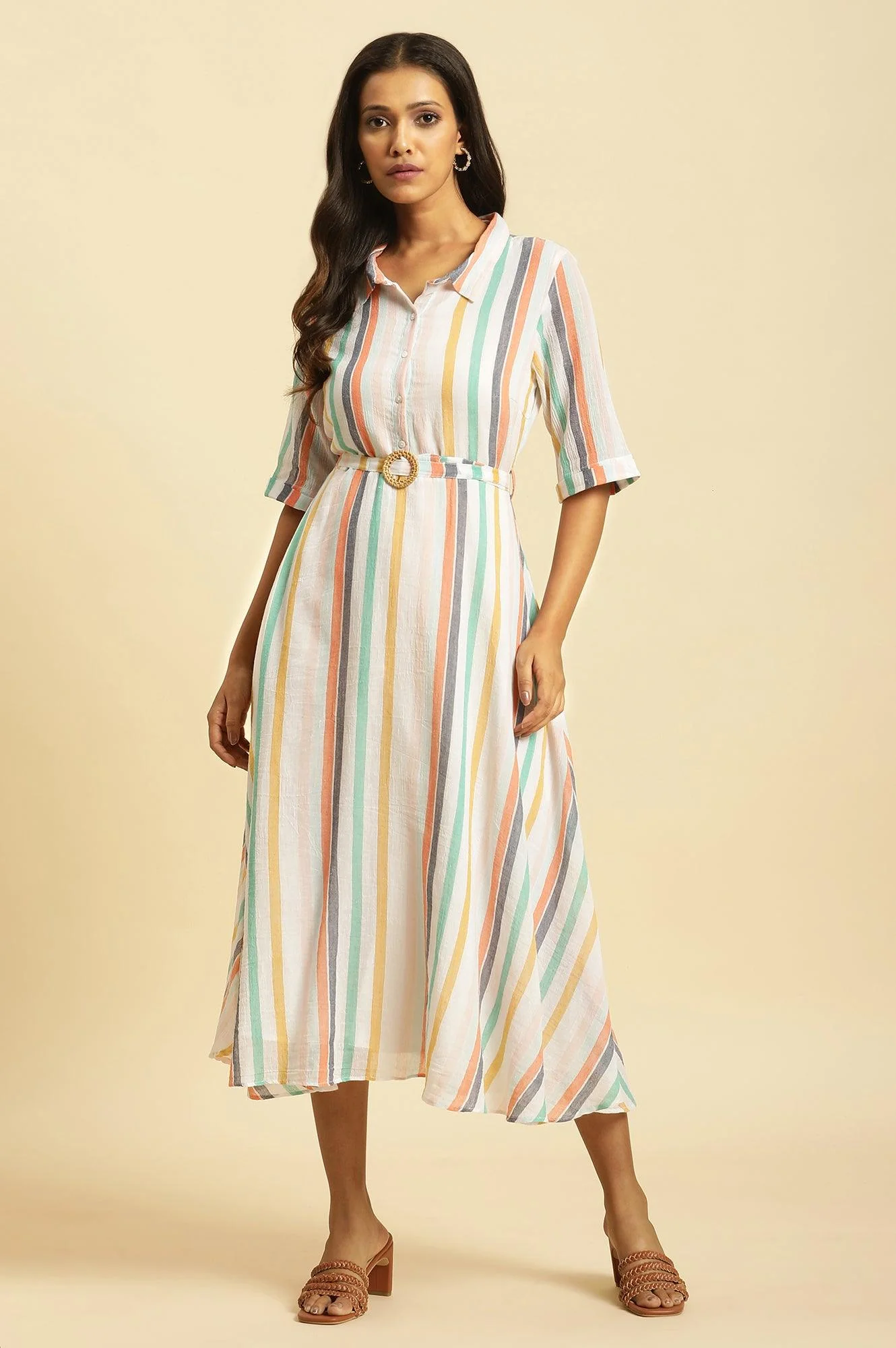 Ecru Flared Dress With Belt In Multi-Coloured Stripe Print - Image 2