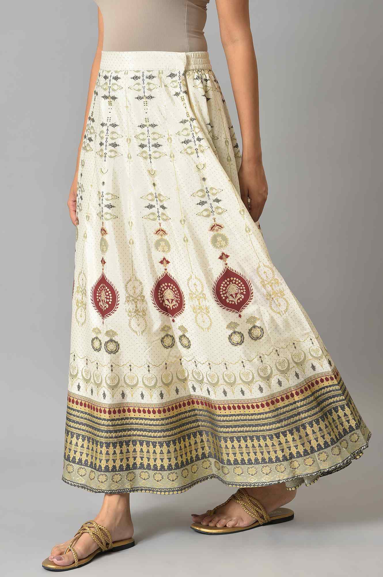 Ecru Flora Print Flared Skirt - Image 3