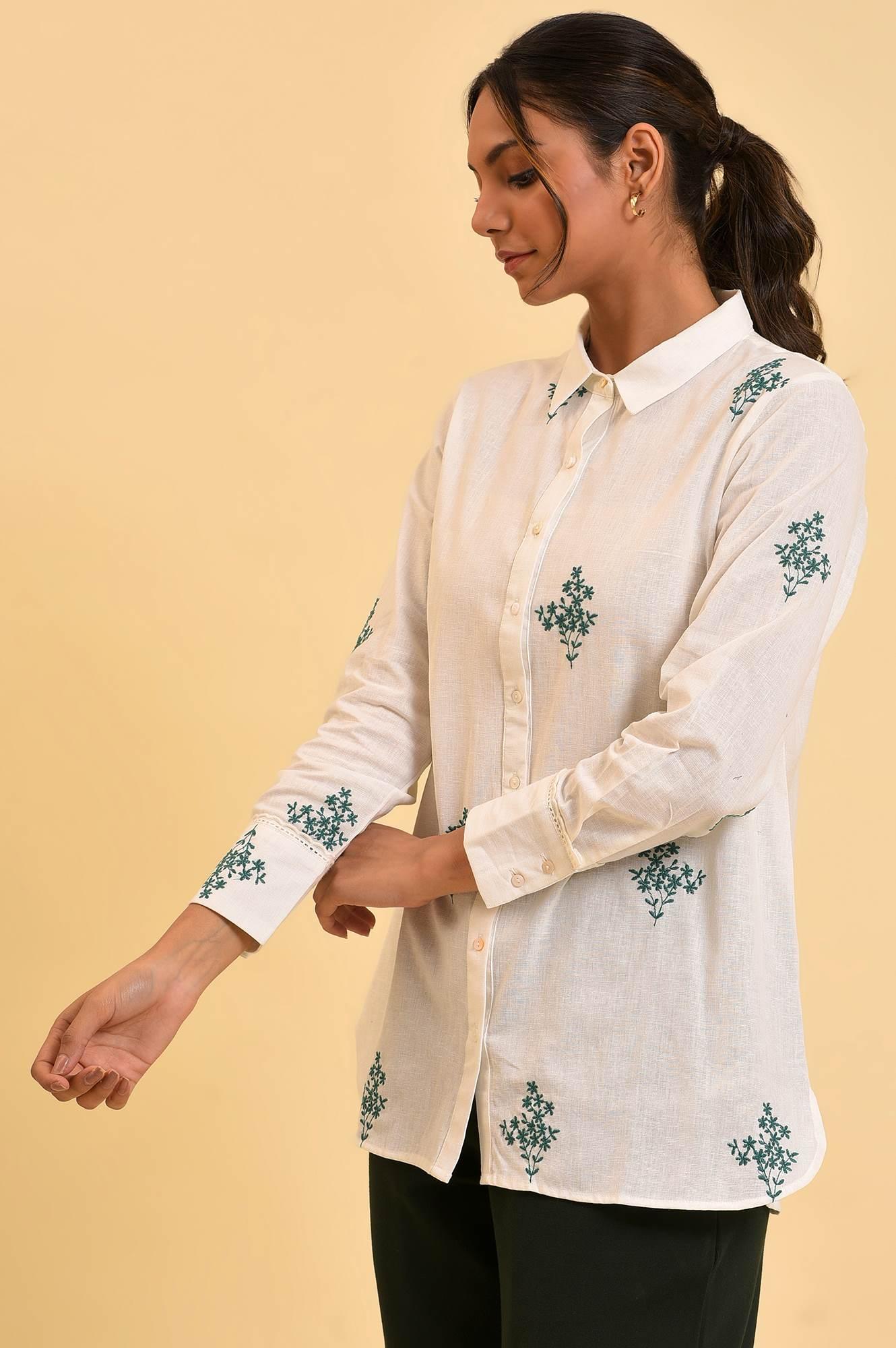 Ecru Floral Embroidered Women Shirt - Image 3