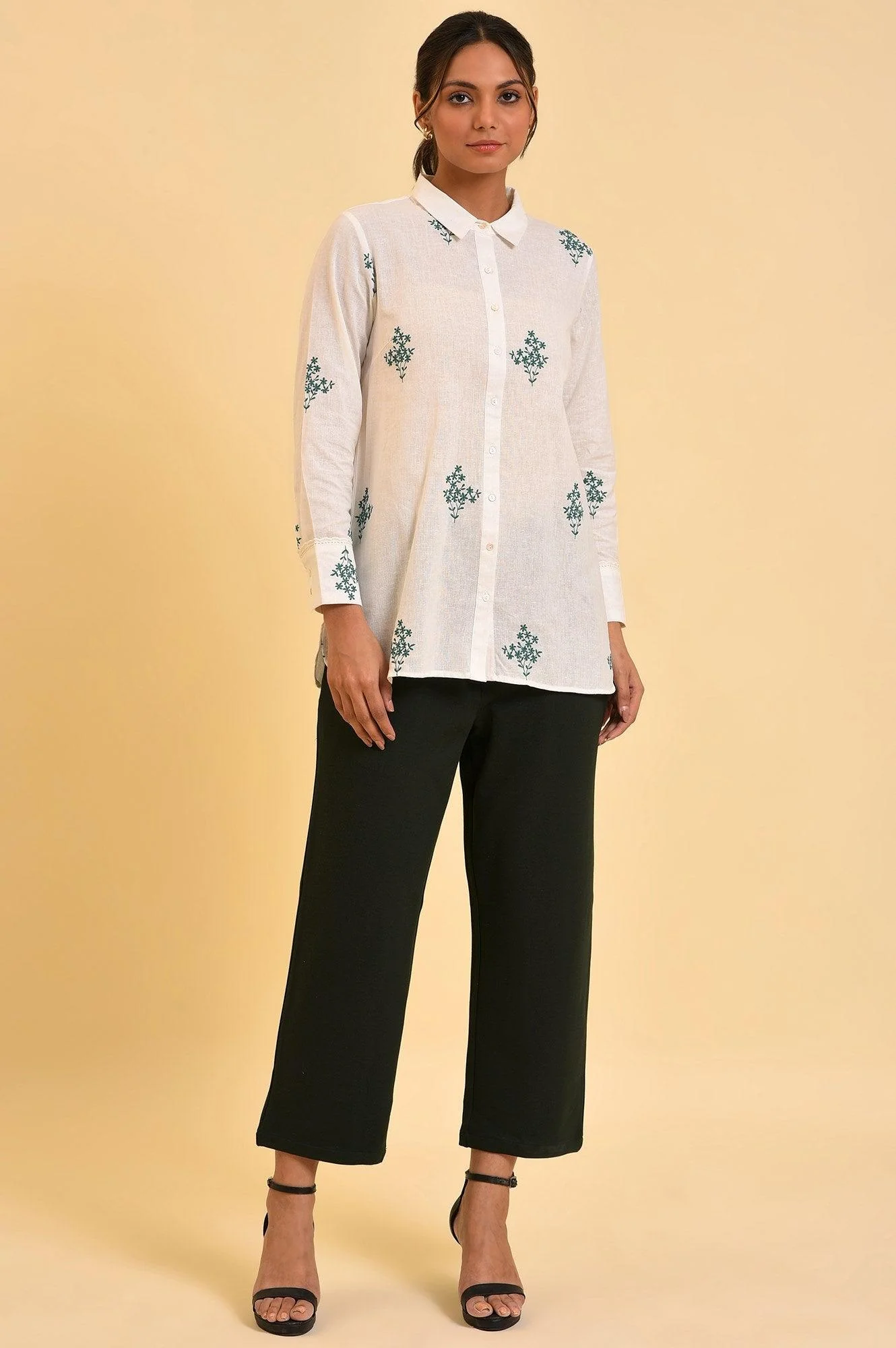 Ecru Floral Embroidered Women Shirt - Image 5