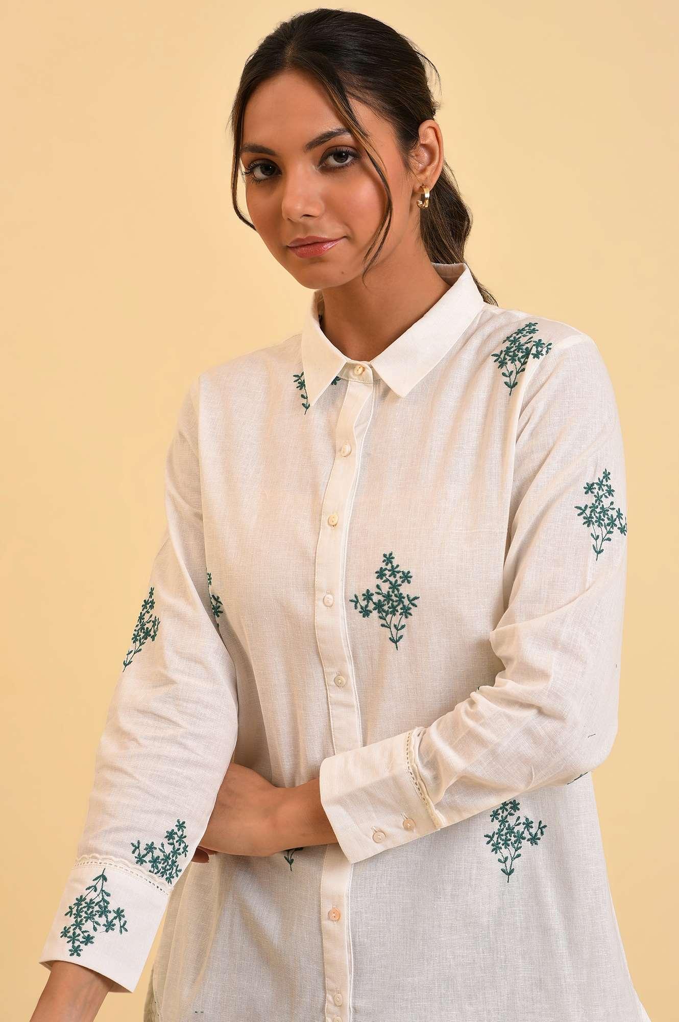 Ecru Floral Embroidered Women Shirt - Image 6