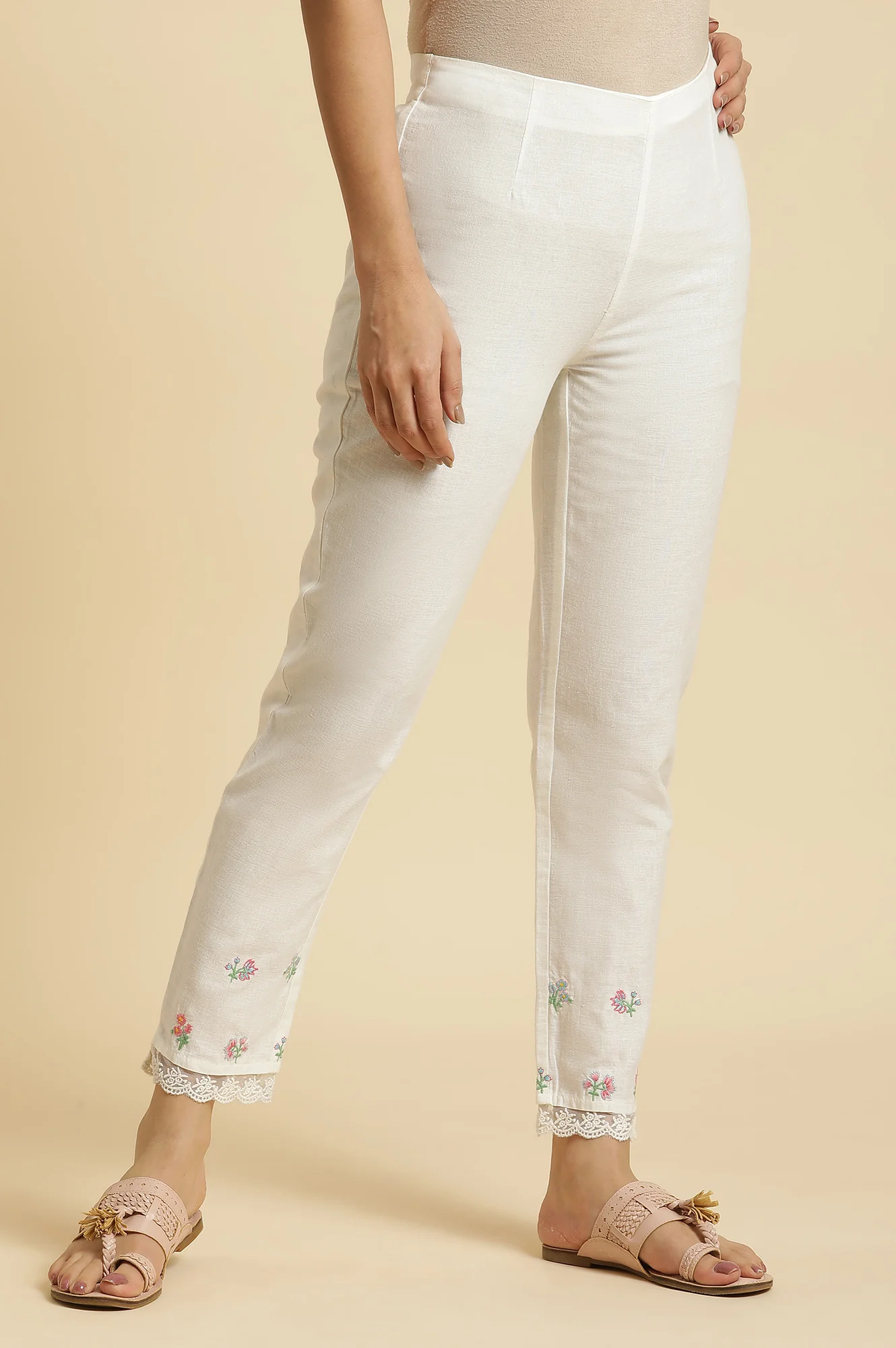 Ecru Floral Lace Cotton Flax Straight Kurta and Slim Pant Set - Image 4