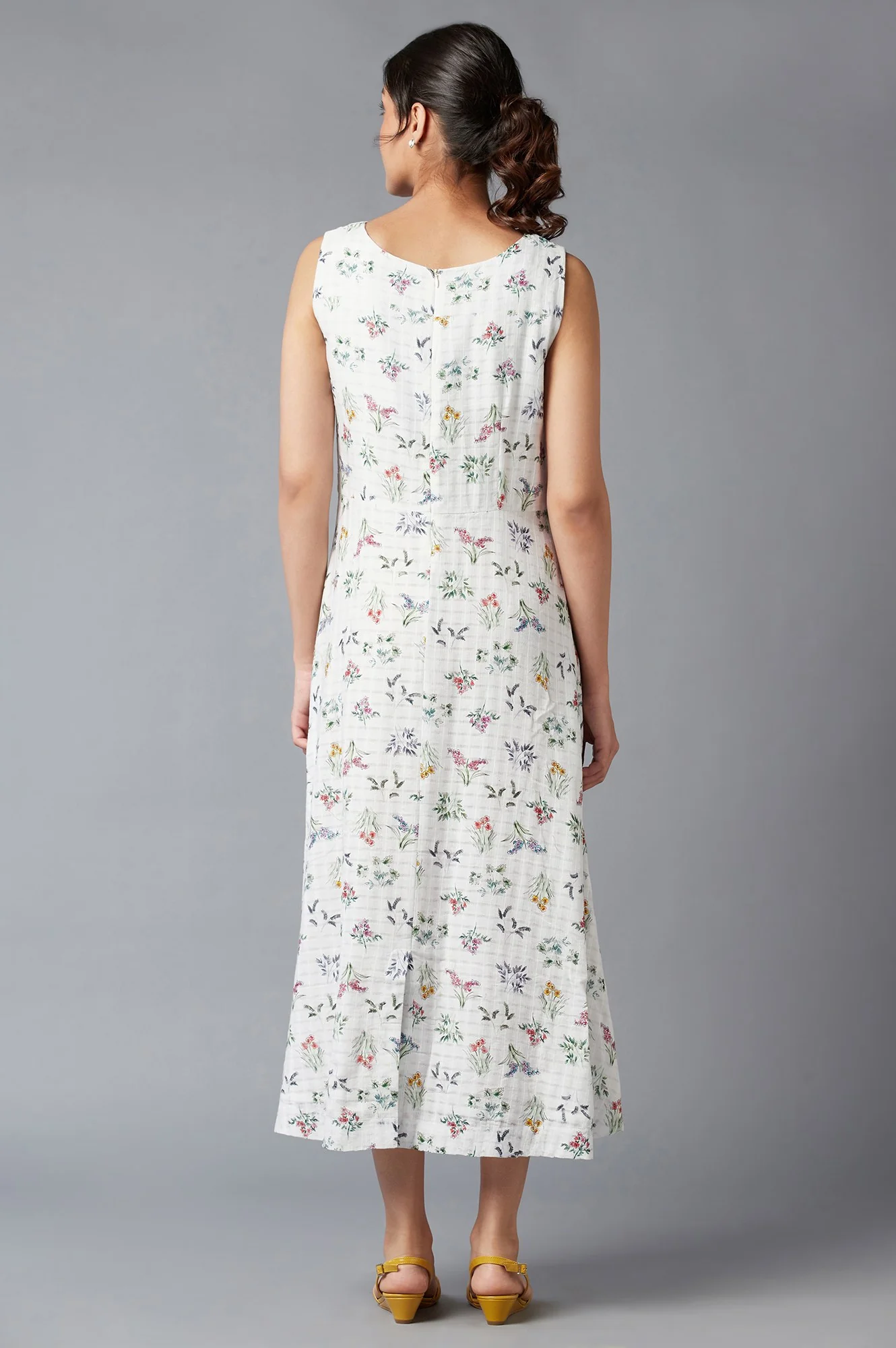 Ecru Floral Print Cotton Dress In Round Neck - Image 2