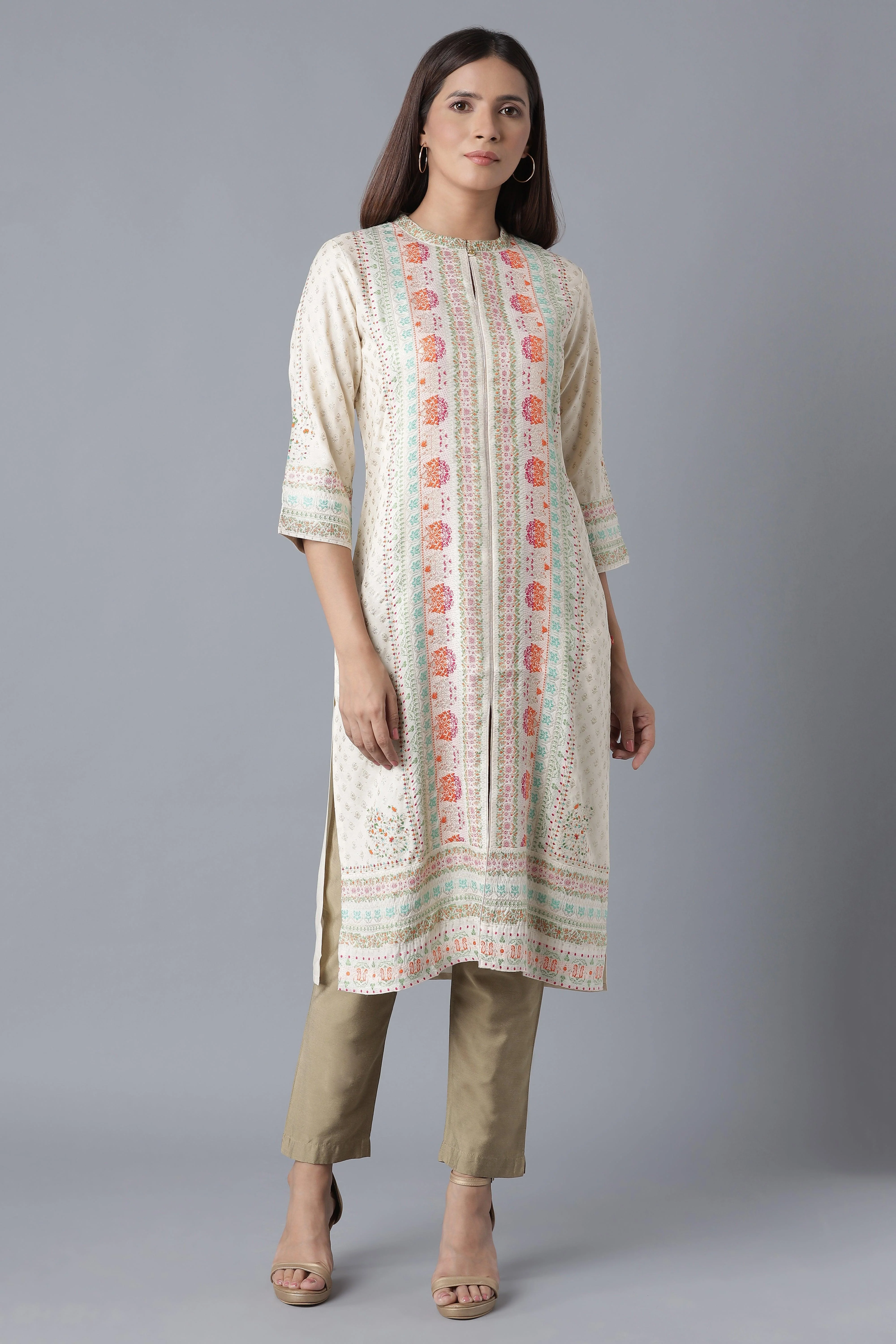Ecru Floral Print kurta with Sequin