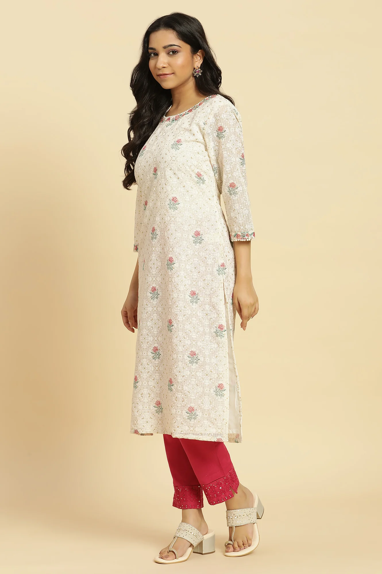 Ecru Floral Printed And Embroidered Festive Kurta - Image 3