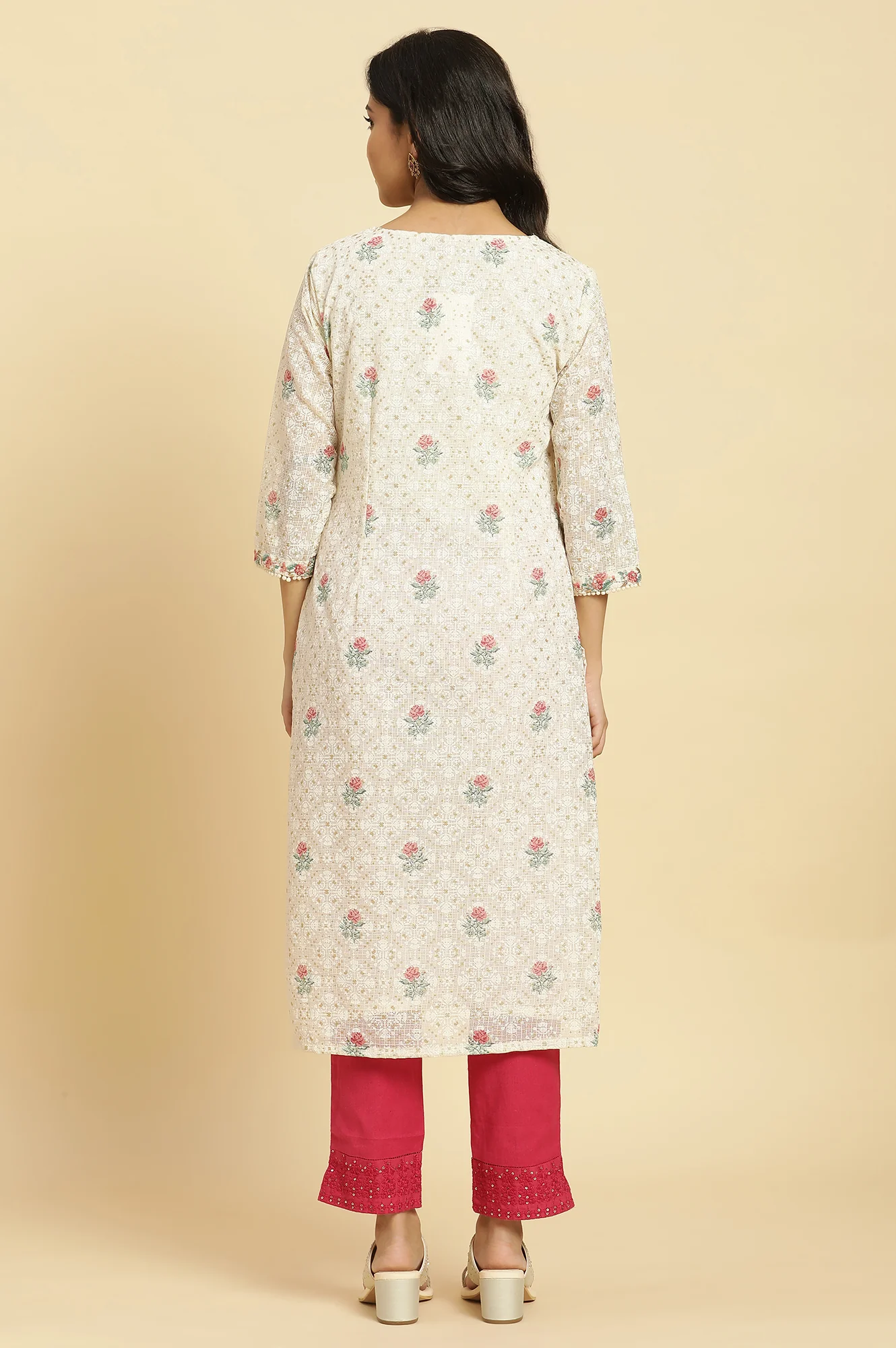 Ecru Floral Printed And Embroidered Festive Kurta - Image 4