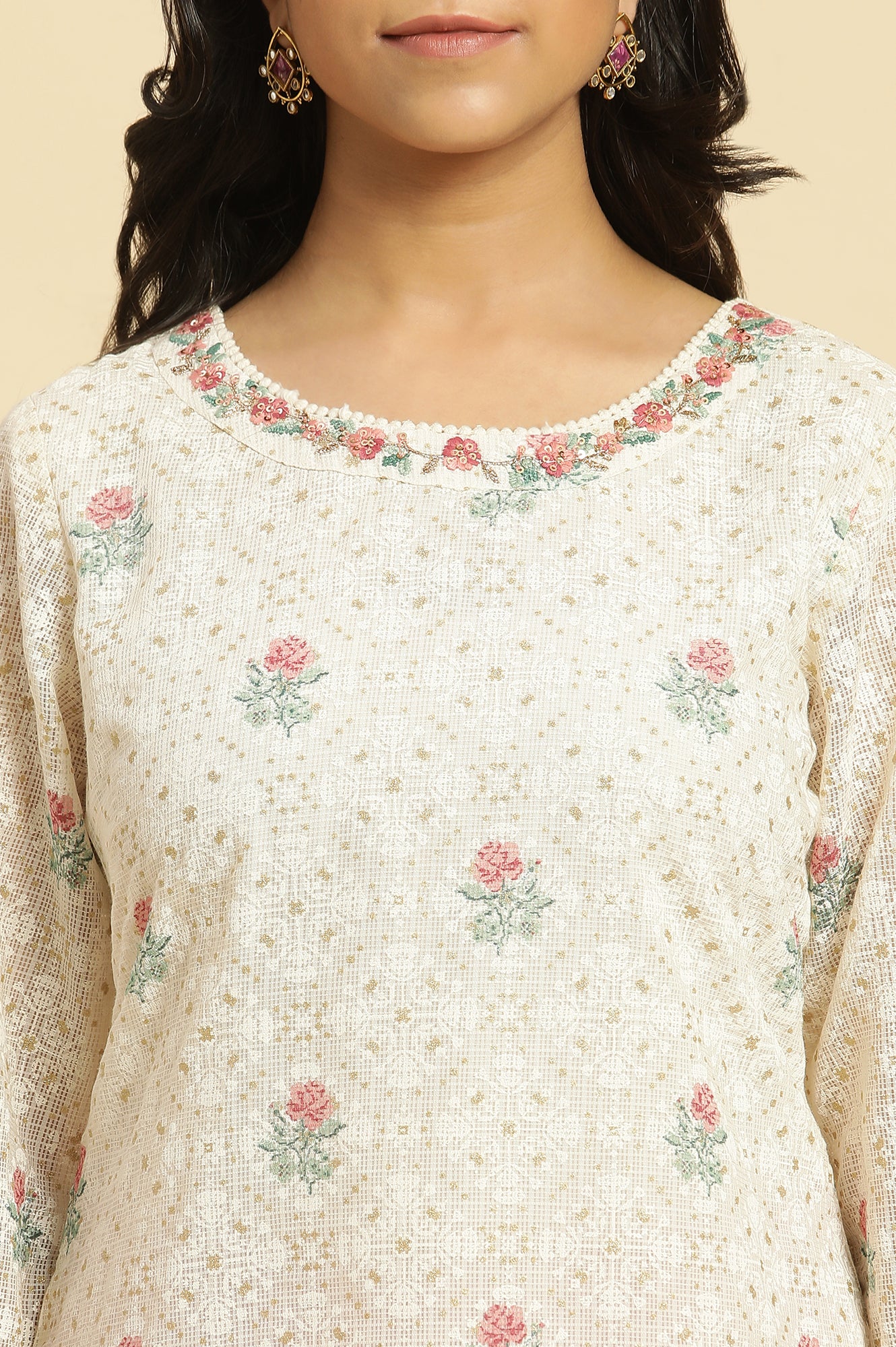 Ecru Floral Printed And Embroidered Festive Kurta - Image 6