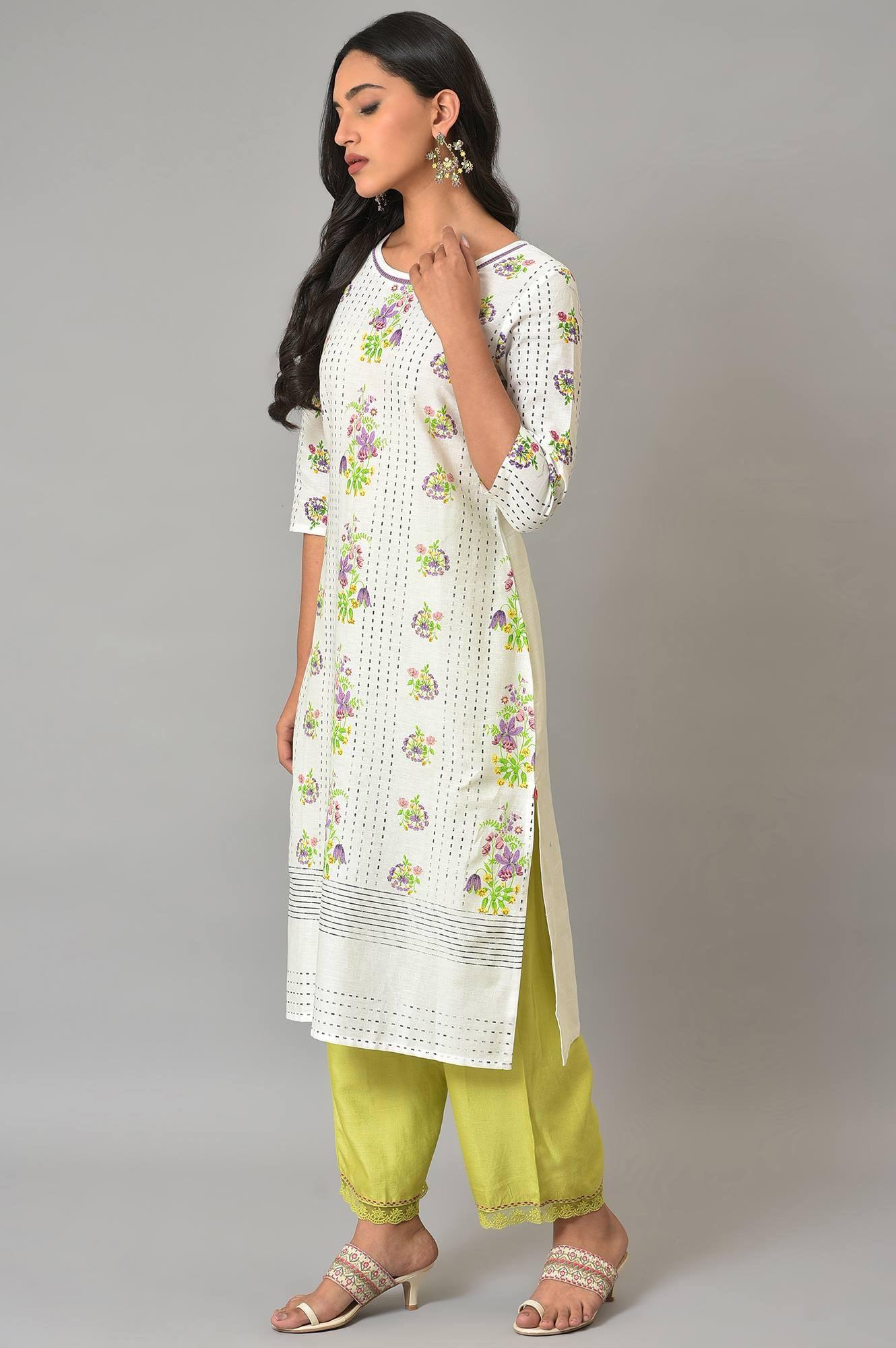 Ecru Floral Printed Cotton kurta - Image 3