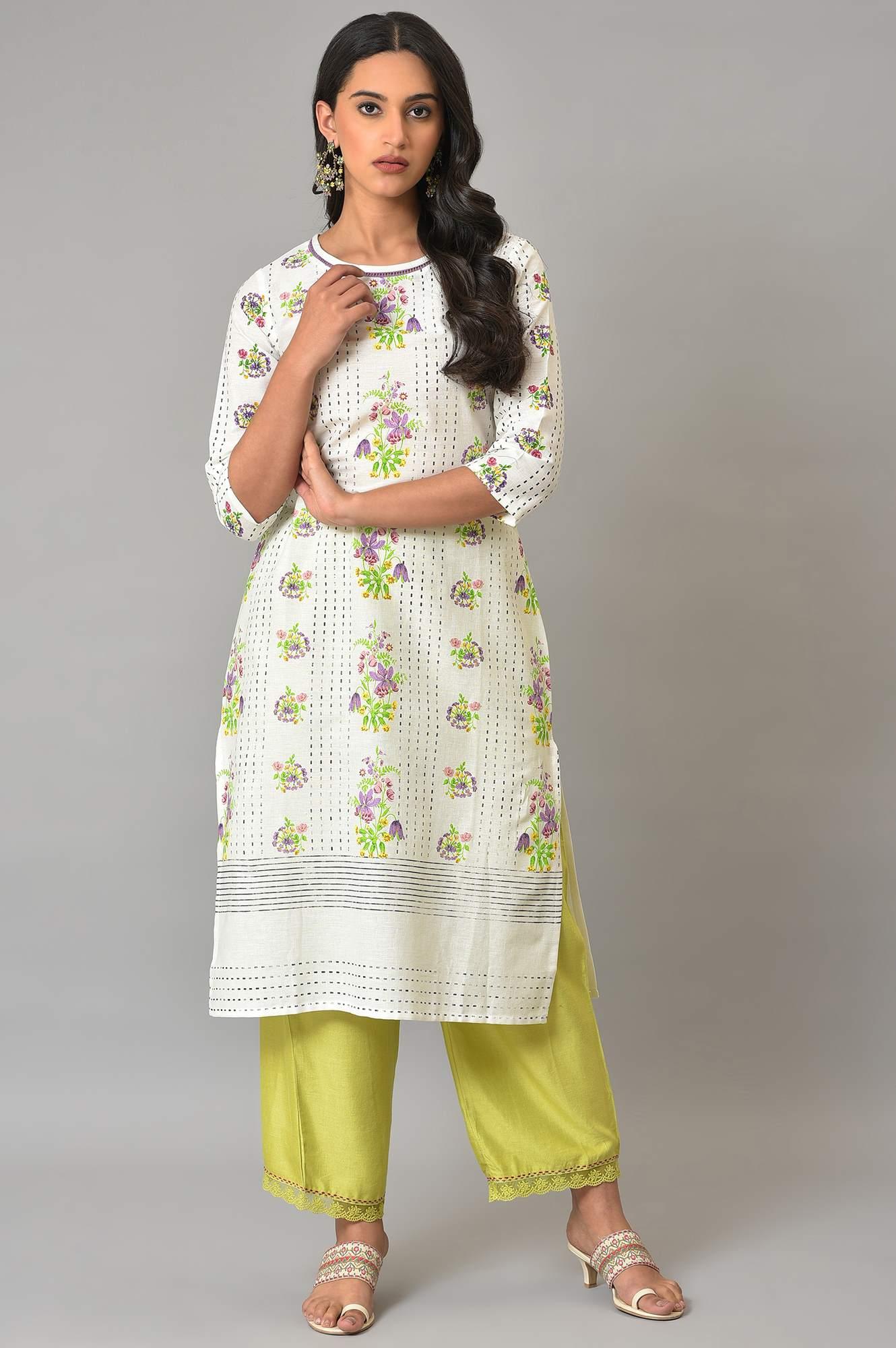 Ecru Floral Printed Cotton kurta - Image 6