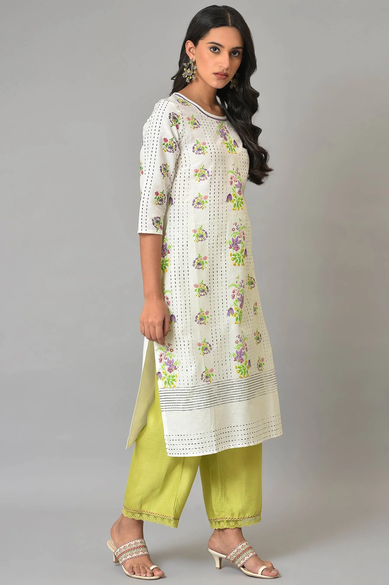Ecru Floral Printed Cotton Kurta - Image 4