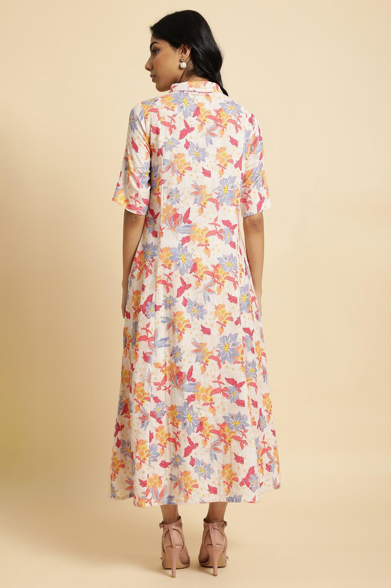 Ecru Floral Printed Cotton Long Shirt Dress - Image 2