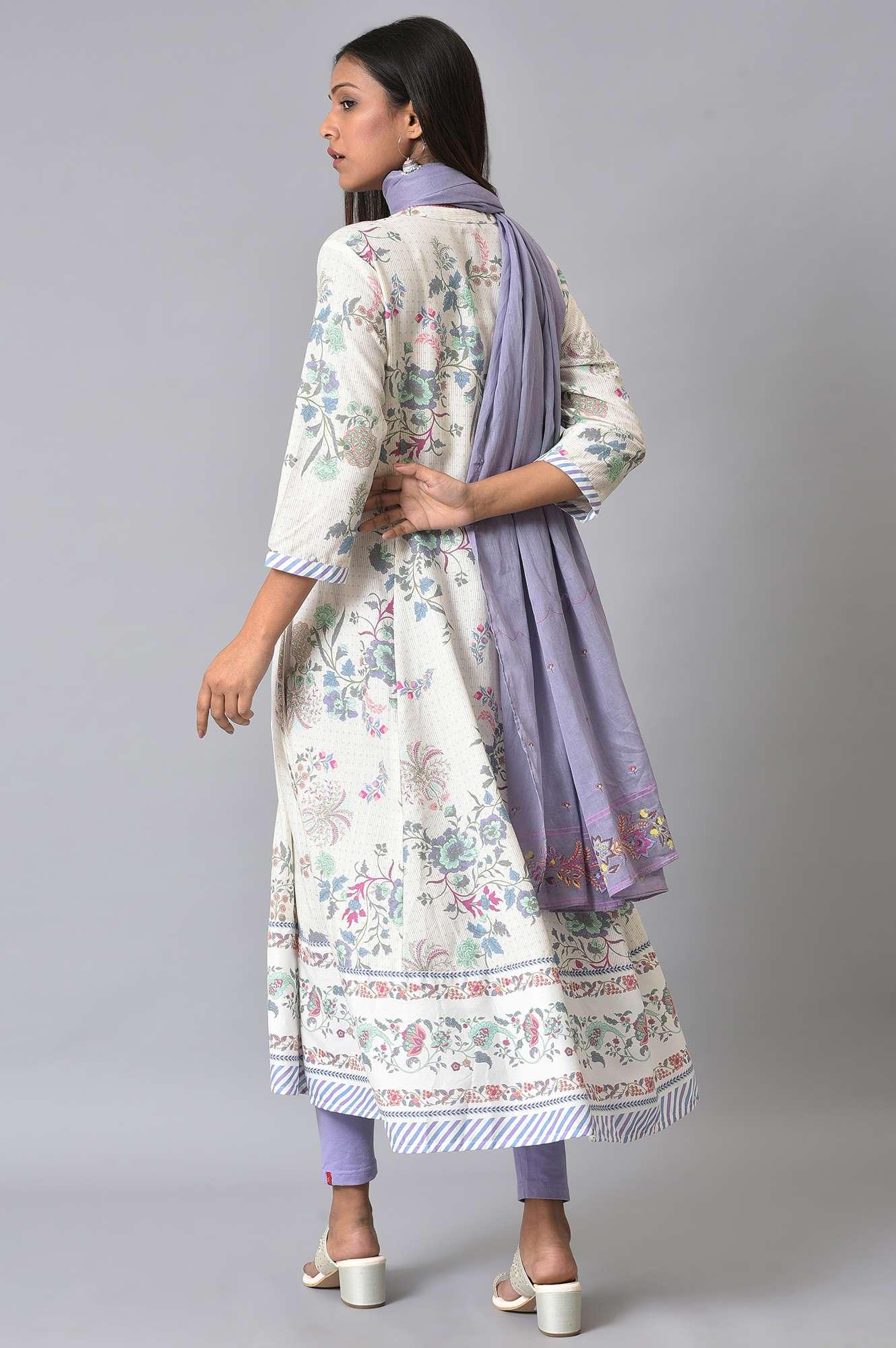 Ecru Floral Printed Flared kurta Set - Image 2