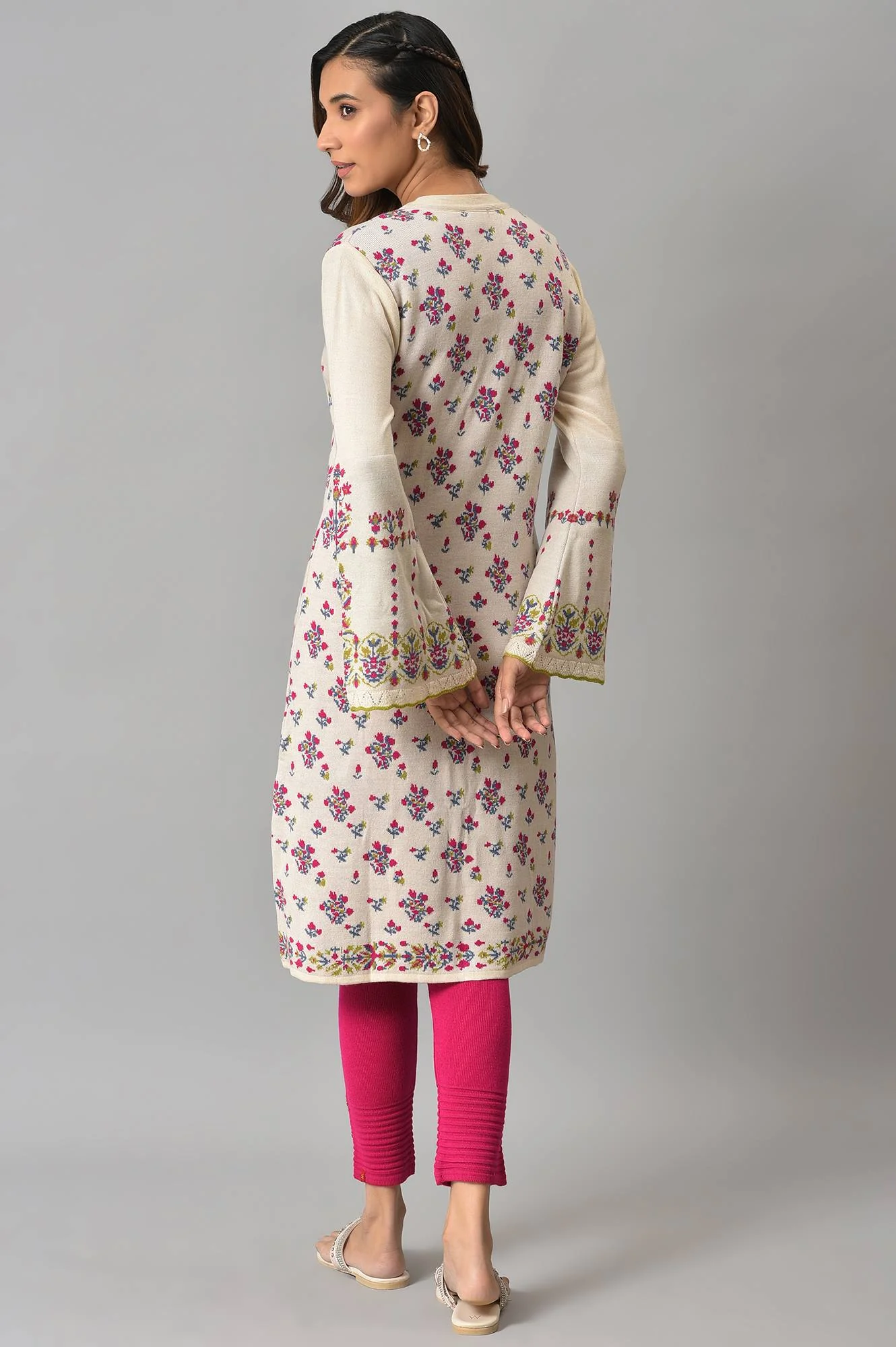 Ecru Floral Printed Jacquard Women Cardigan - Image 2