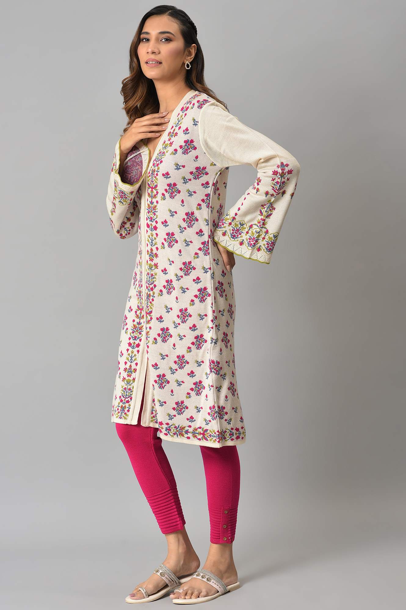 Ecru Floral Printed Jacquard Women Cardigan - Image 3
