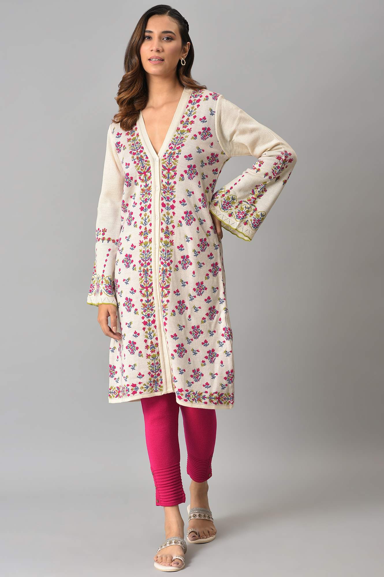 Ecru Floral Printed Jacquard Women Cardigan - Image 5